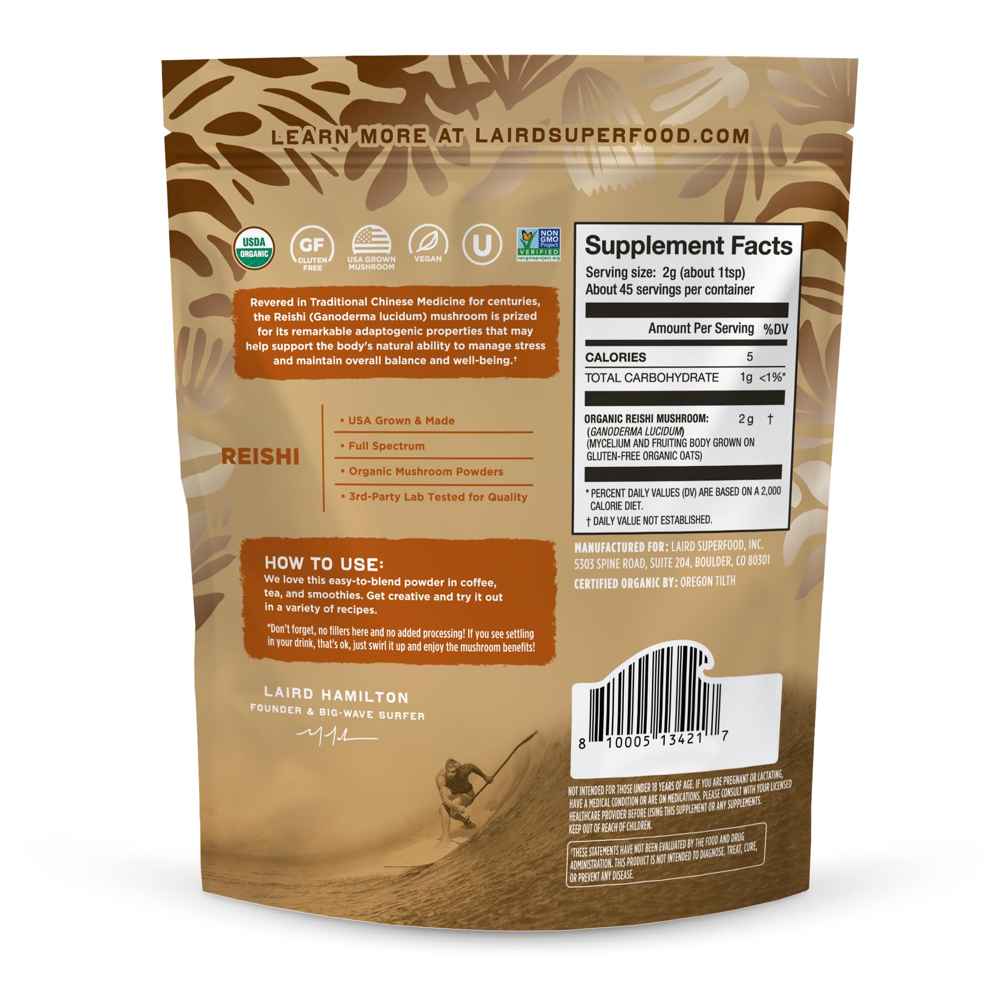 Laird Superfood Reishi en poudre – sommeil réparateur et relaxation nocturne.