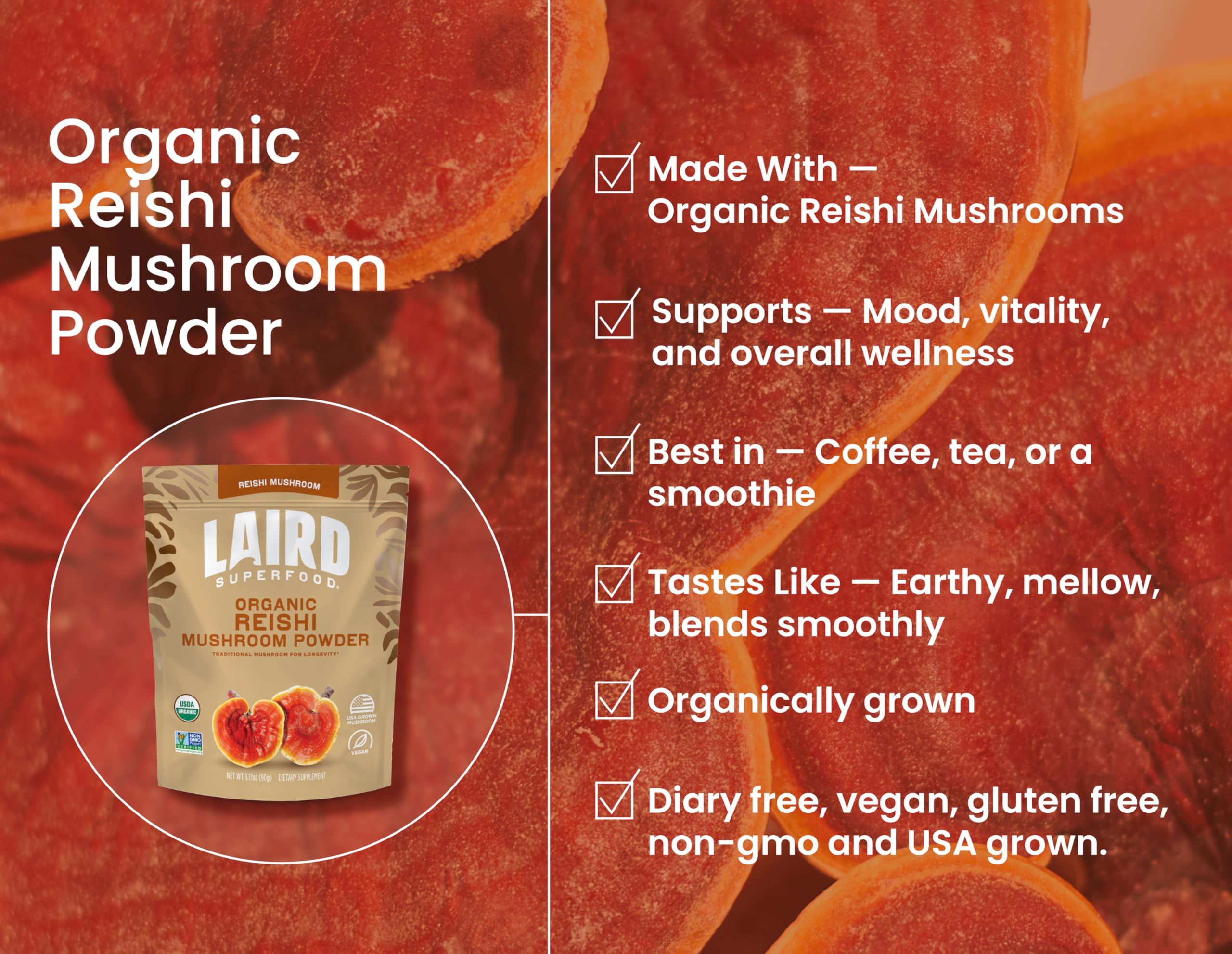 Laird Superfood Reishi en poudre – usage polyvalent dans boissons et recettes quotidiennes.