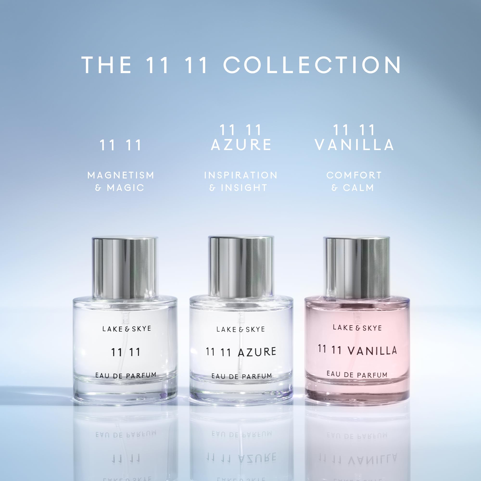 Lake & Skye 11 11 Azure: cœur floral et musqué mis en valeur pour un parfum polyvalent.