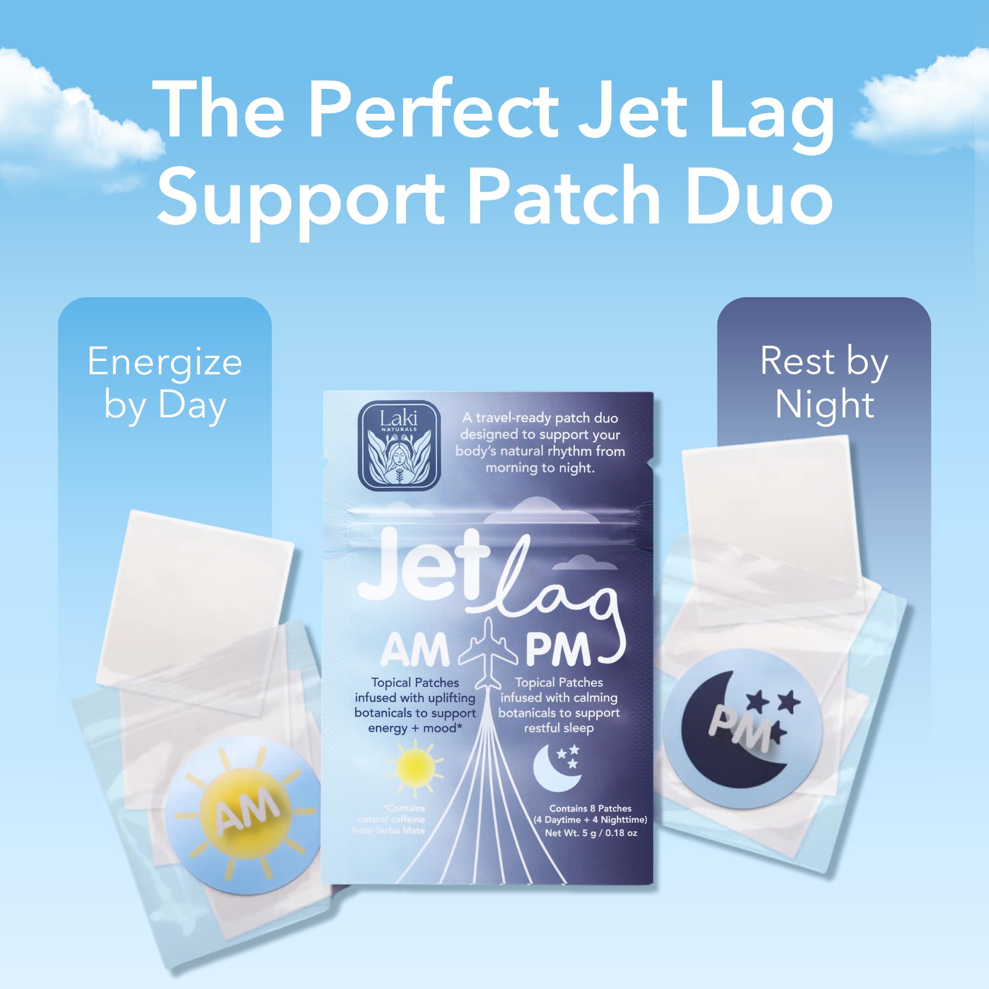 Patch PM Jet Lag relaxant prêt pour s'endormir après un long vol.