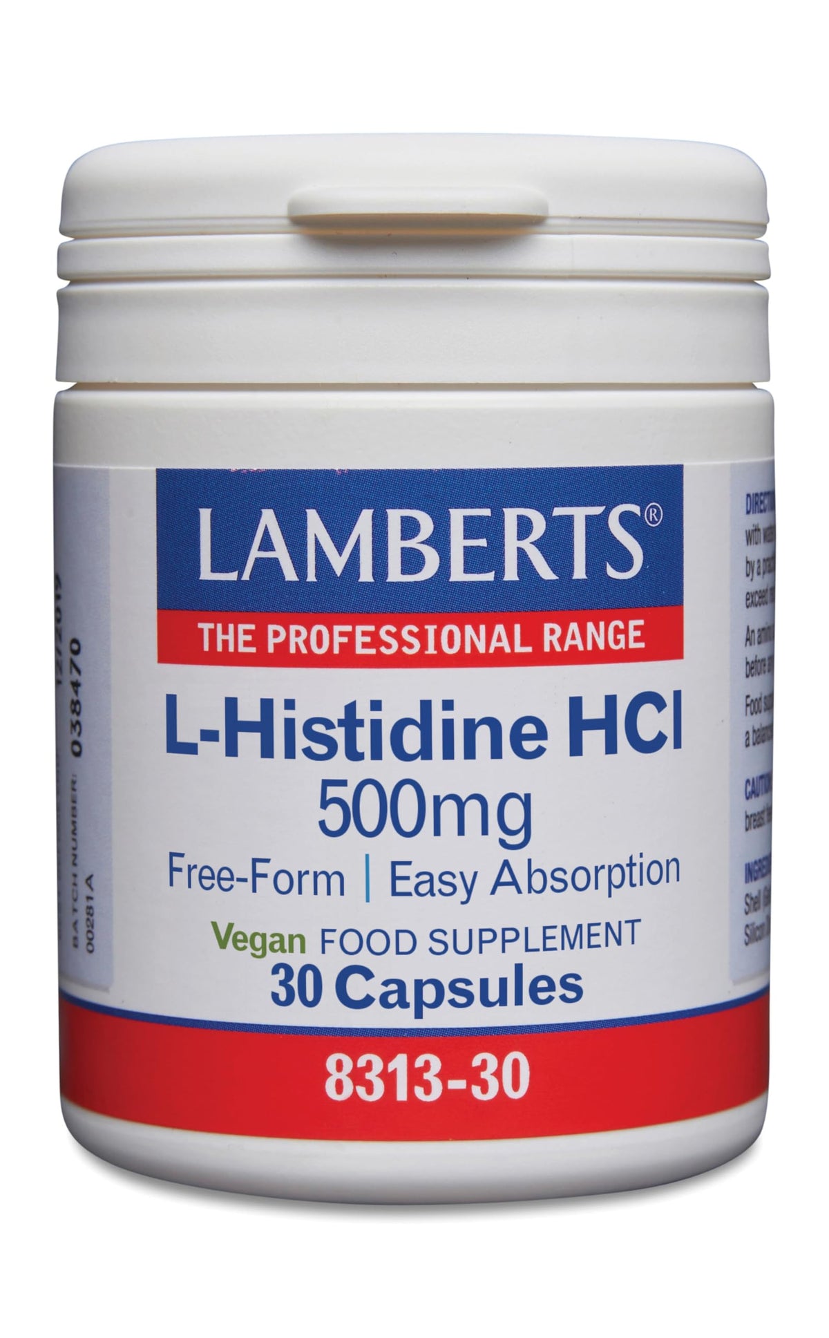Lamberts L-Histidine HCl 500 mg - bouteille de capsules, dosage simple au quotidien.