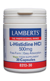 Lamberts L-Histidine HCl 500 mg - bouteille de capsules, dosage simple au quotidien.