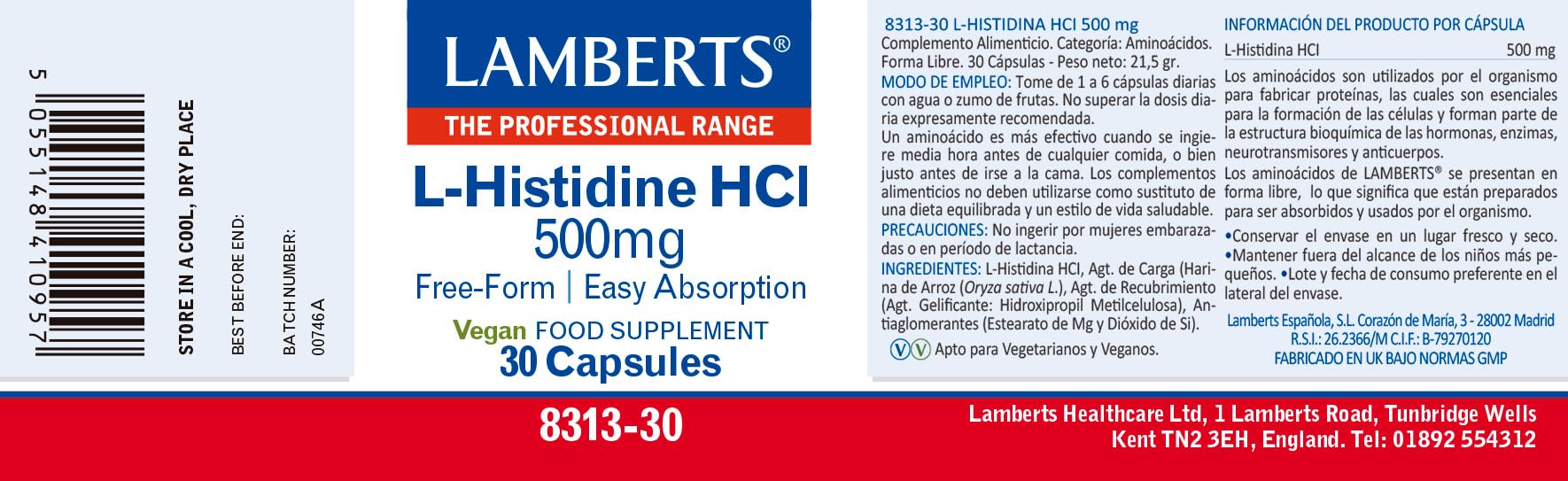 Lamberts L-Histidine HCl 500 mg - capsules visibles, prise pratique et rapide.