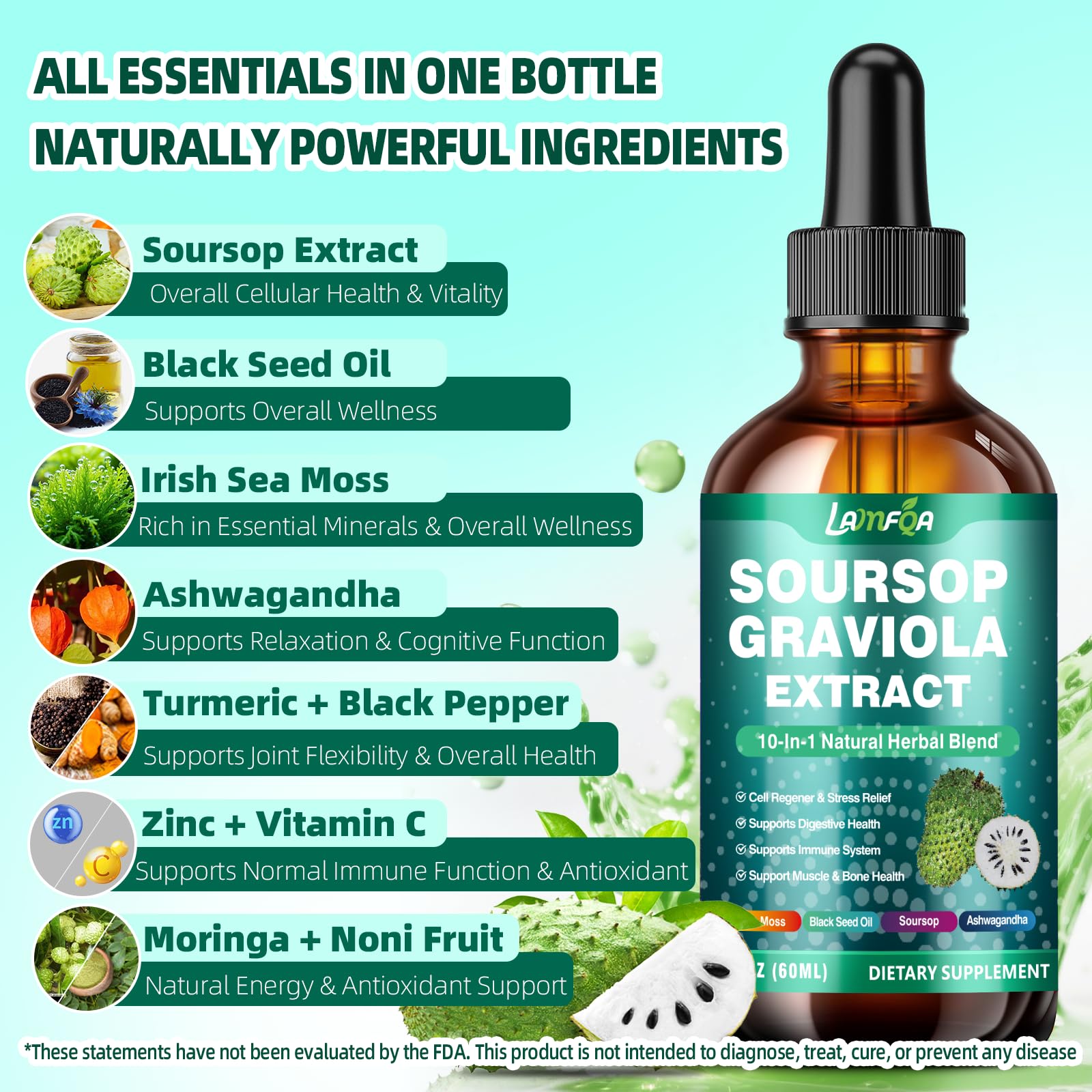 LAMFQA Ashwagandha Soursop Extrait Liquide – soutient l'énergie et l'équilibre.