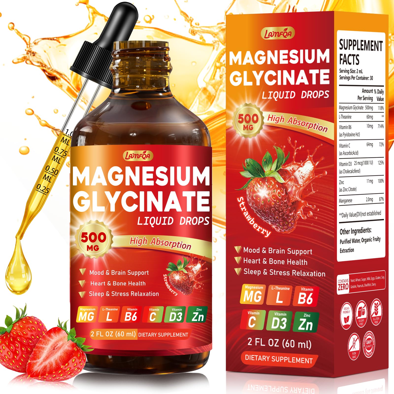 LAMFQA magnésium glycinate gouttes fraise – bouteille pratique et absorption élevée.