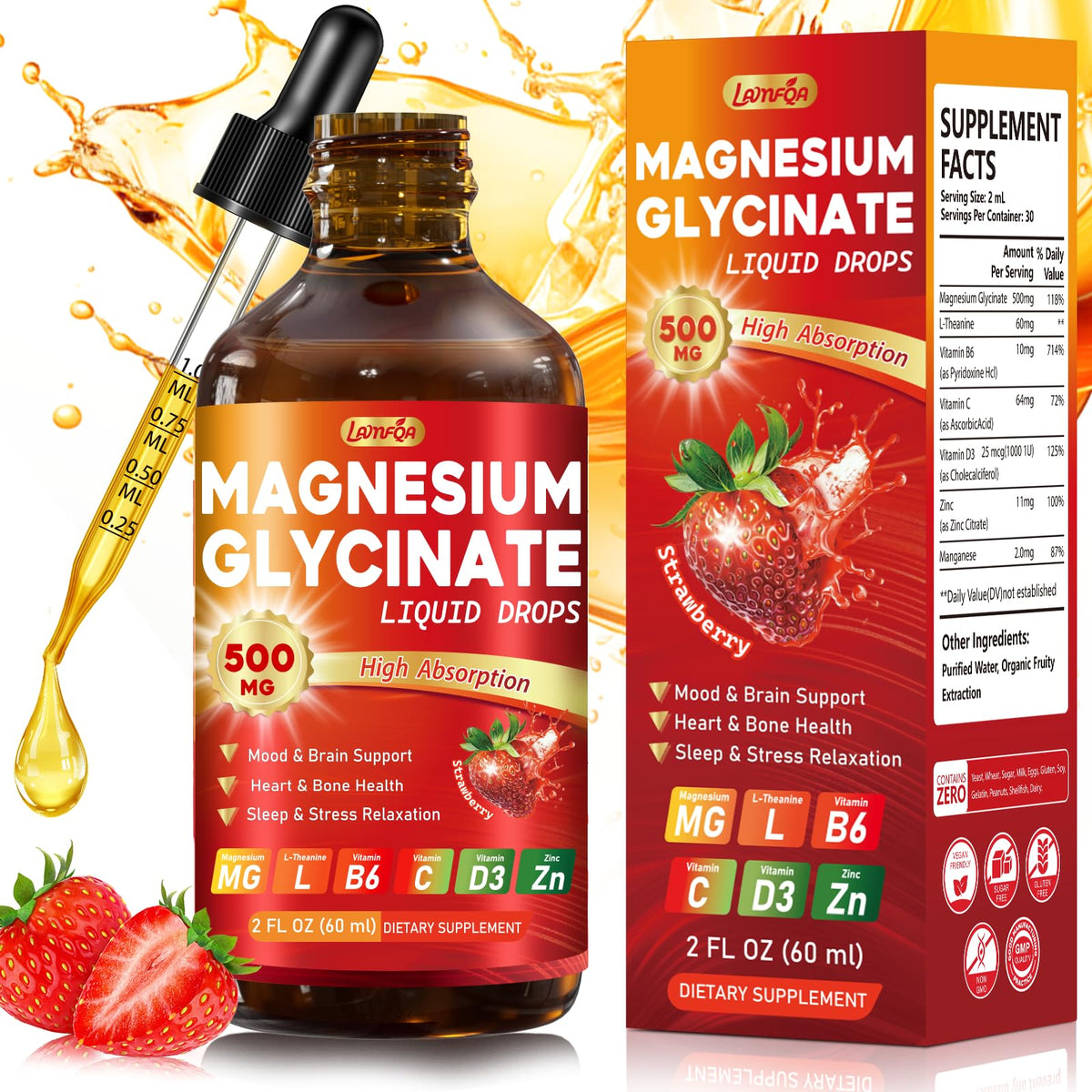 LAMFQA magnésium glycinate gouttes fraise – bouteille pratique et absorption élevée.