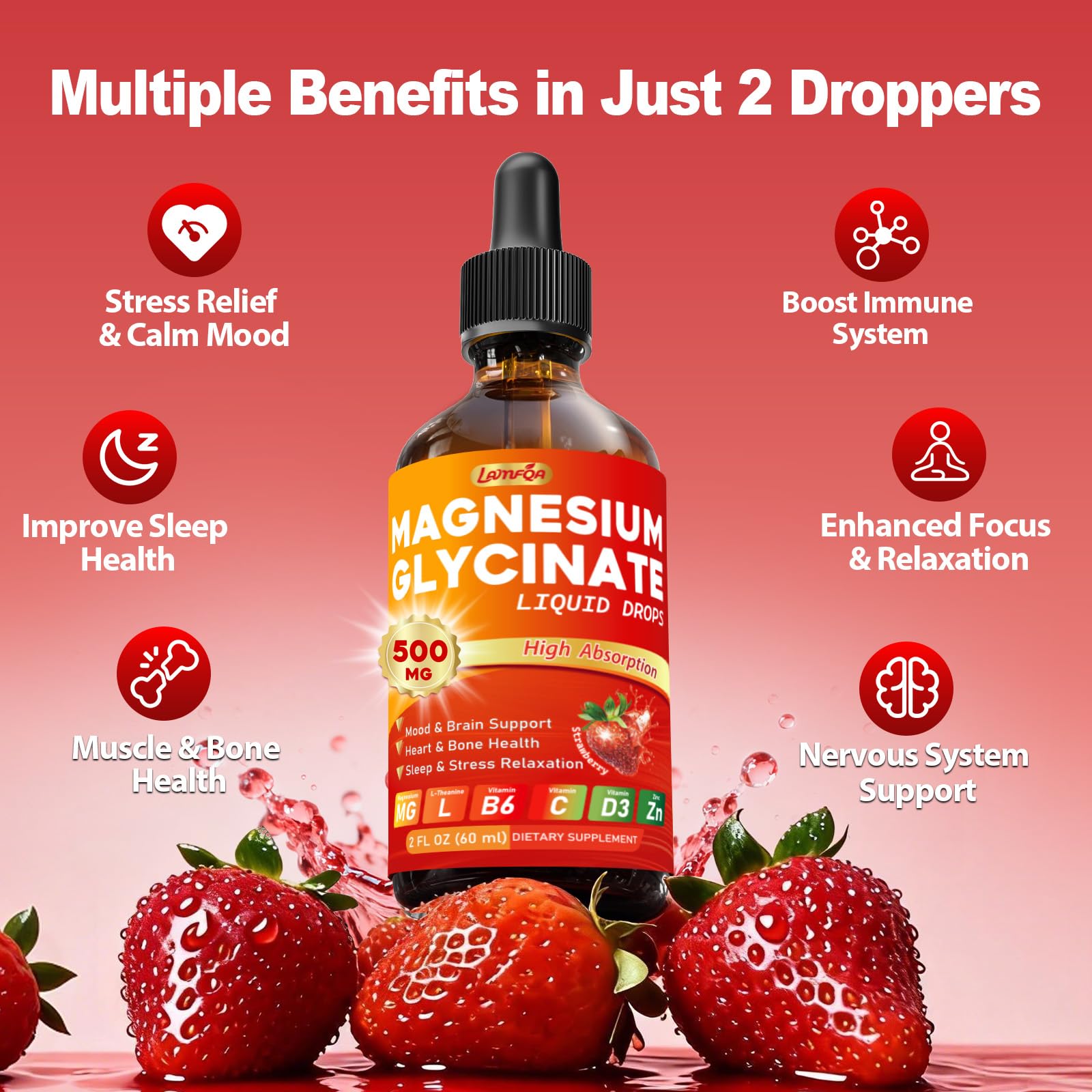 LAMFQA gouttes relaxation magnésium glycinate – saveur fraise favorisant le calme.