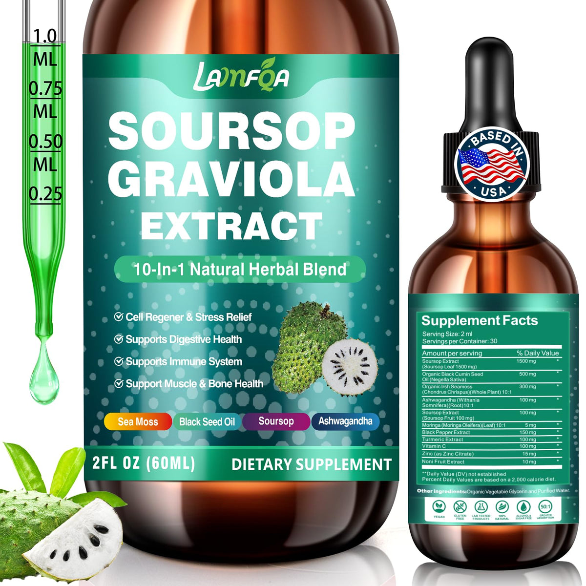 LAMFQA Soursop Bitters 10-en-1 flacon 2 oz pour le bien-être quotidien.