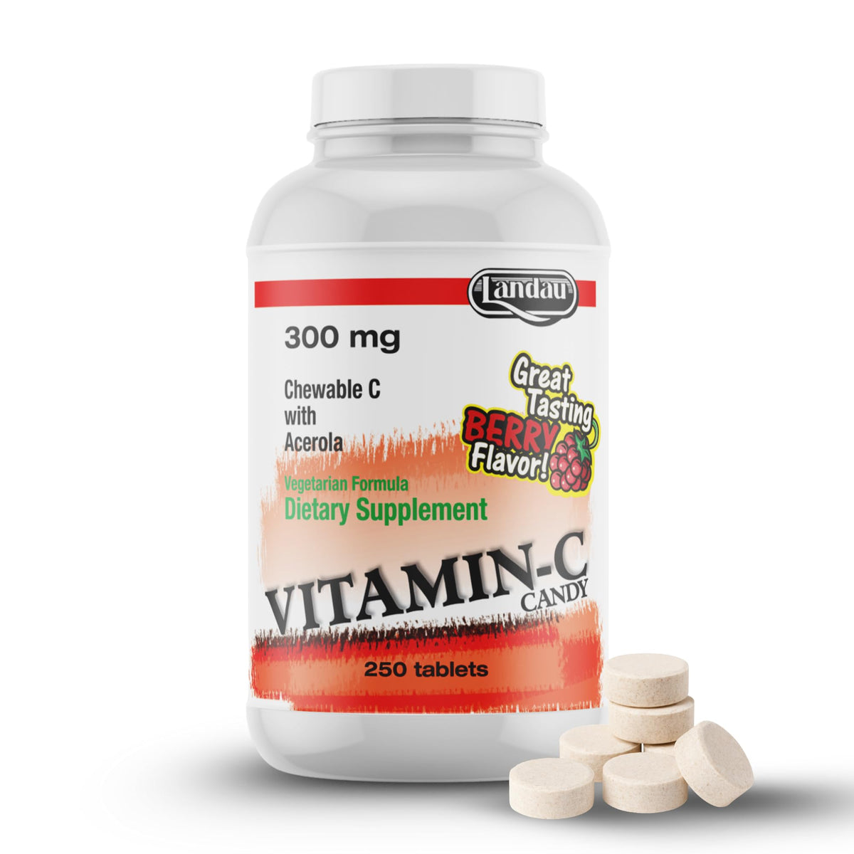 Landau gommes vitamine C saveur framboise, faciles à emporter pour l'école.
