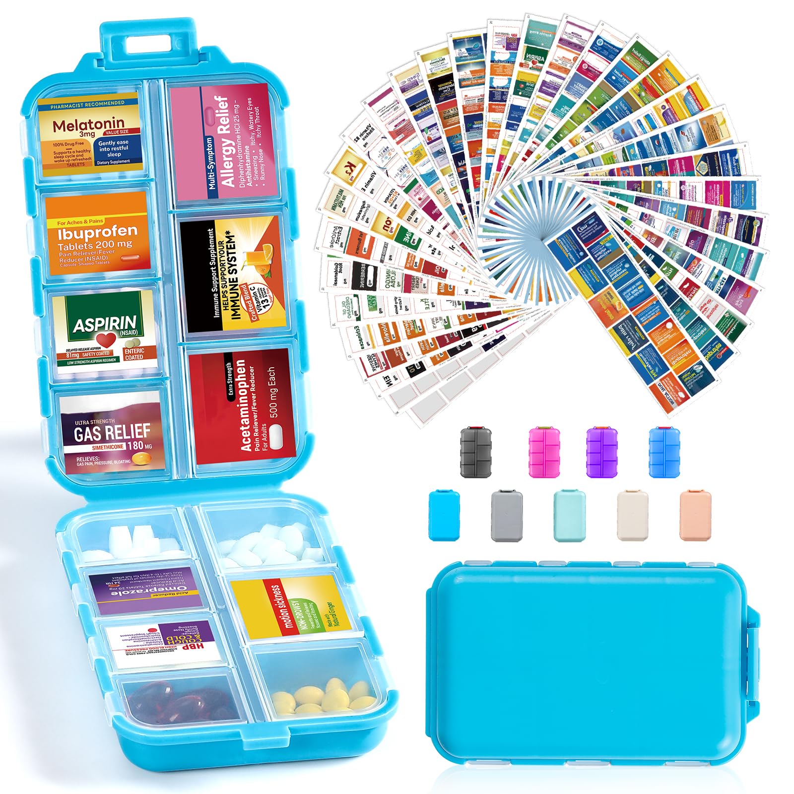LANDNEOO boîte pilules 14 compartiments bleu, rangement portable pour médicaments.