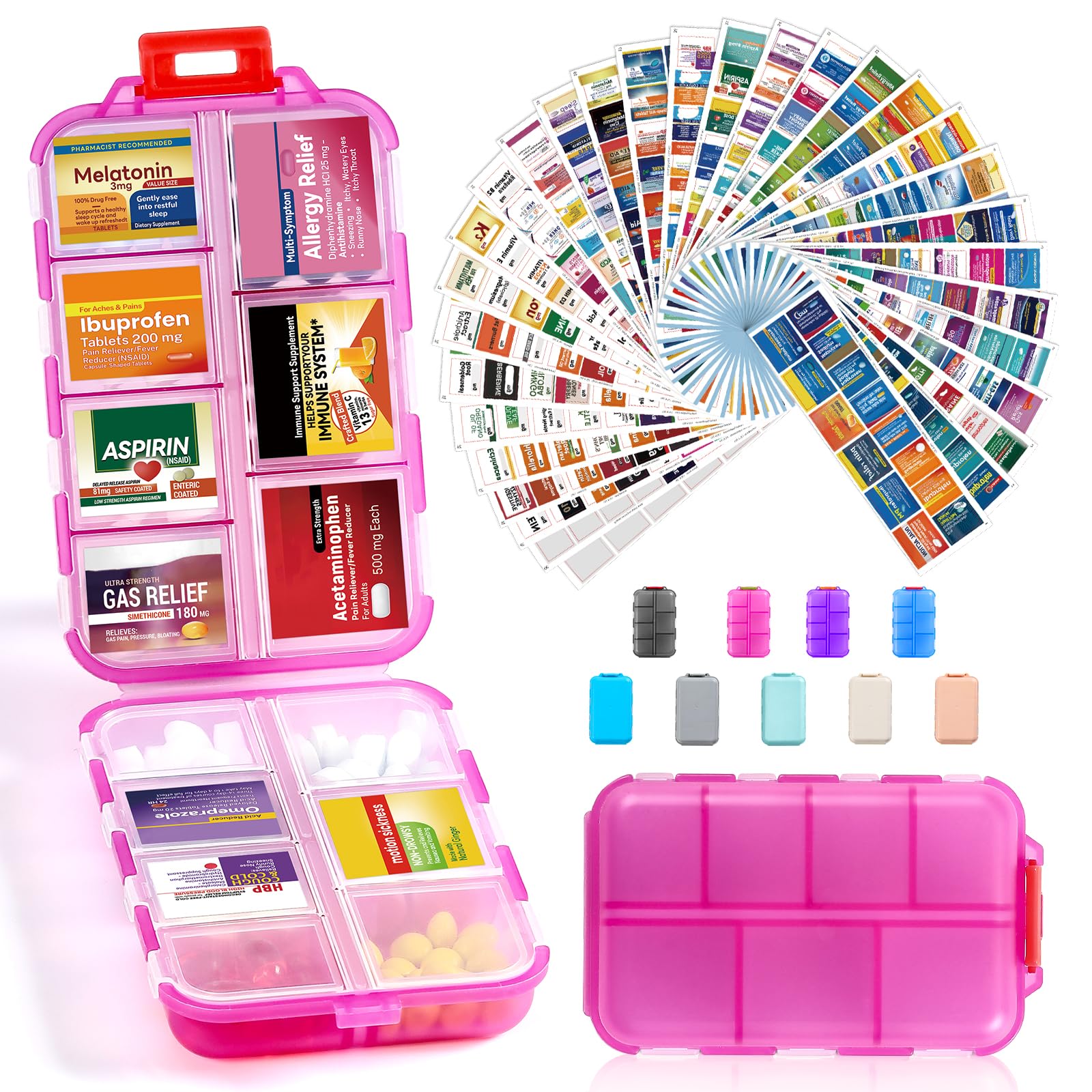 LANDNEOO boîtier pilules 14 compartiments transparent rose, rangement clair pour voyages