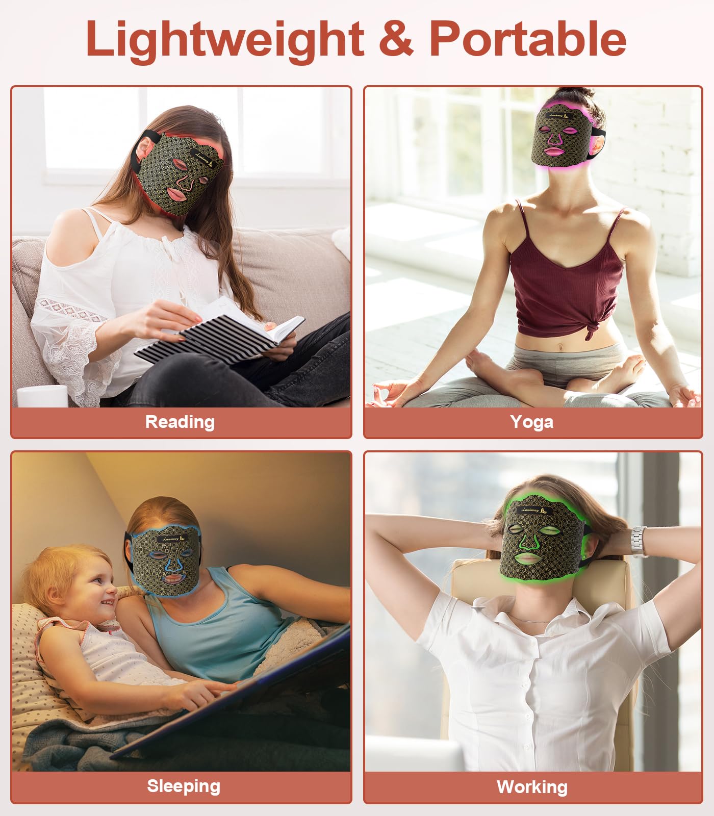 Lanieney appareil lumineux pour le visage, utilisé lors d’activités comme yoga ou sauna.