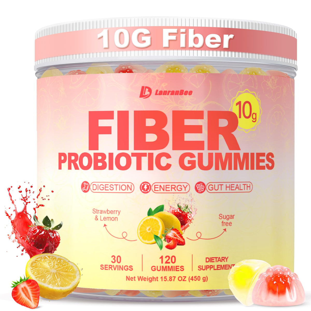 LanranBee – bouteille de gommes fibre 10 g, pratique pour l'apport quotidien en fibres.