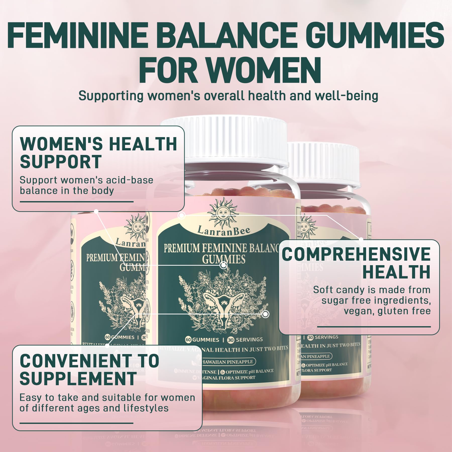 LanranBee Gommes équilibre féminin – certifications vegan, sans gluten et halal.