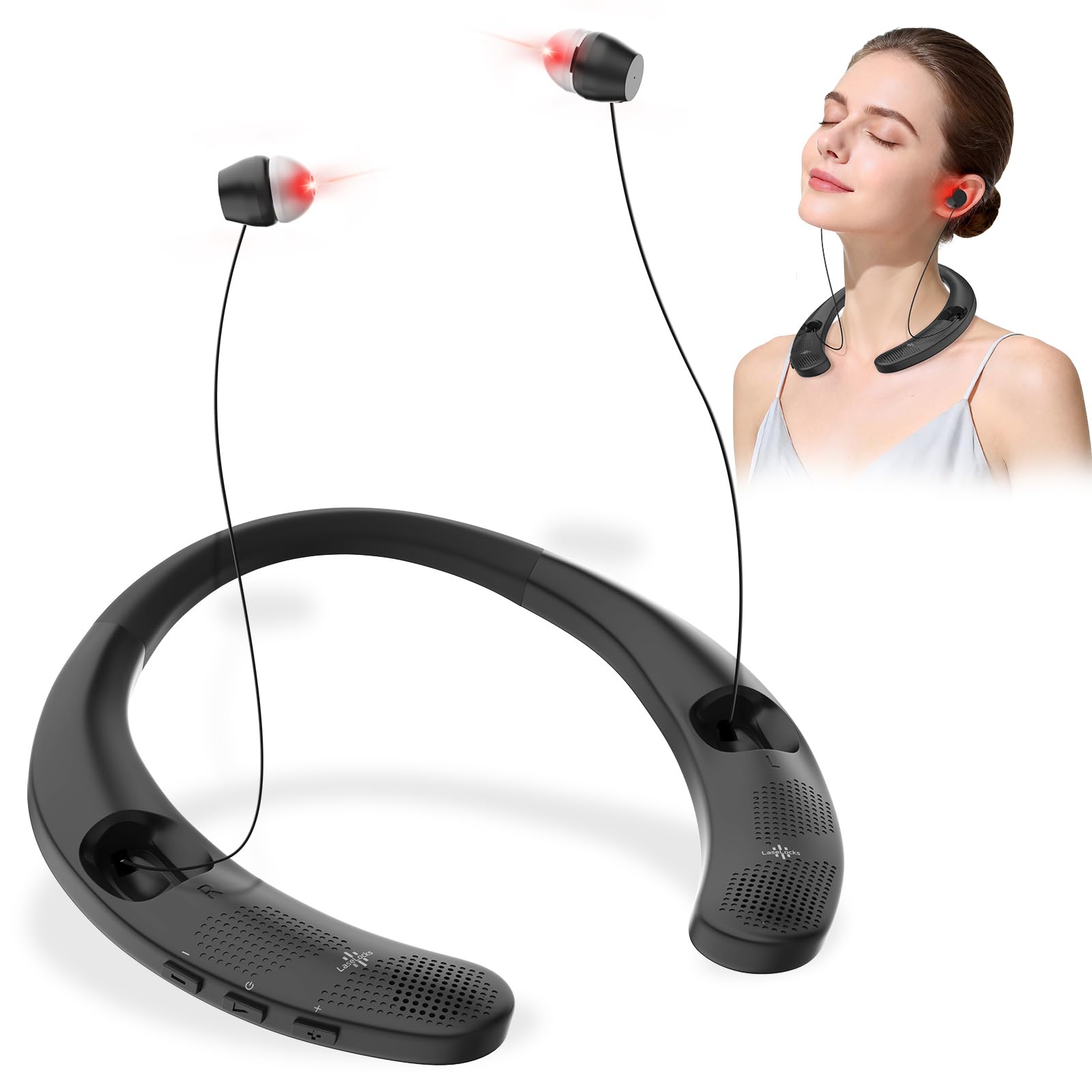 LaseLocks vue avant avec lumière rouge sur l’oreille pour la détente