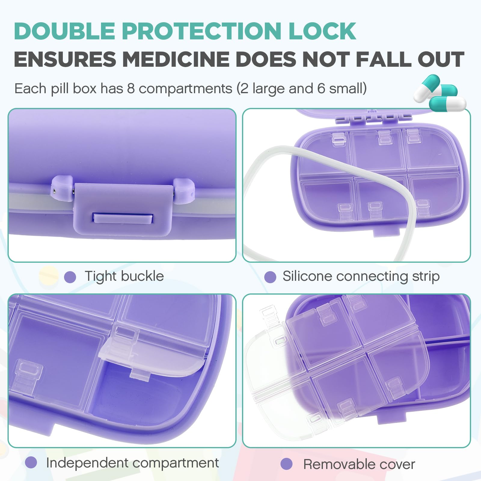 Layhit boîte pilules voyage violet, format compact idéal pour la poche