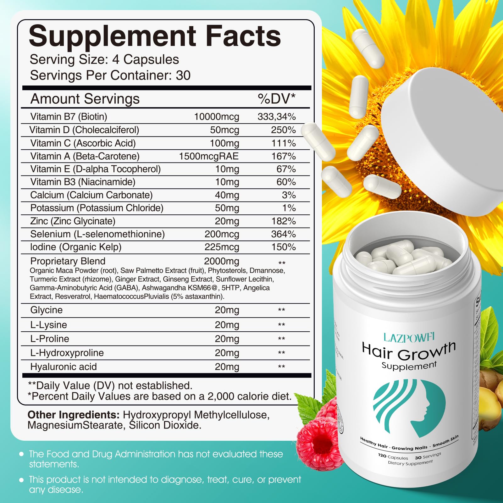 Lazpowfi 30-en-1 complexe de vitamines capillaires pour peau, cheveux et ongles