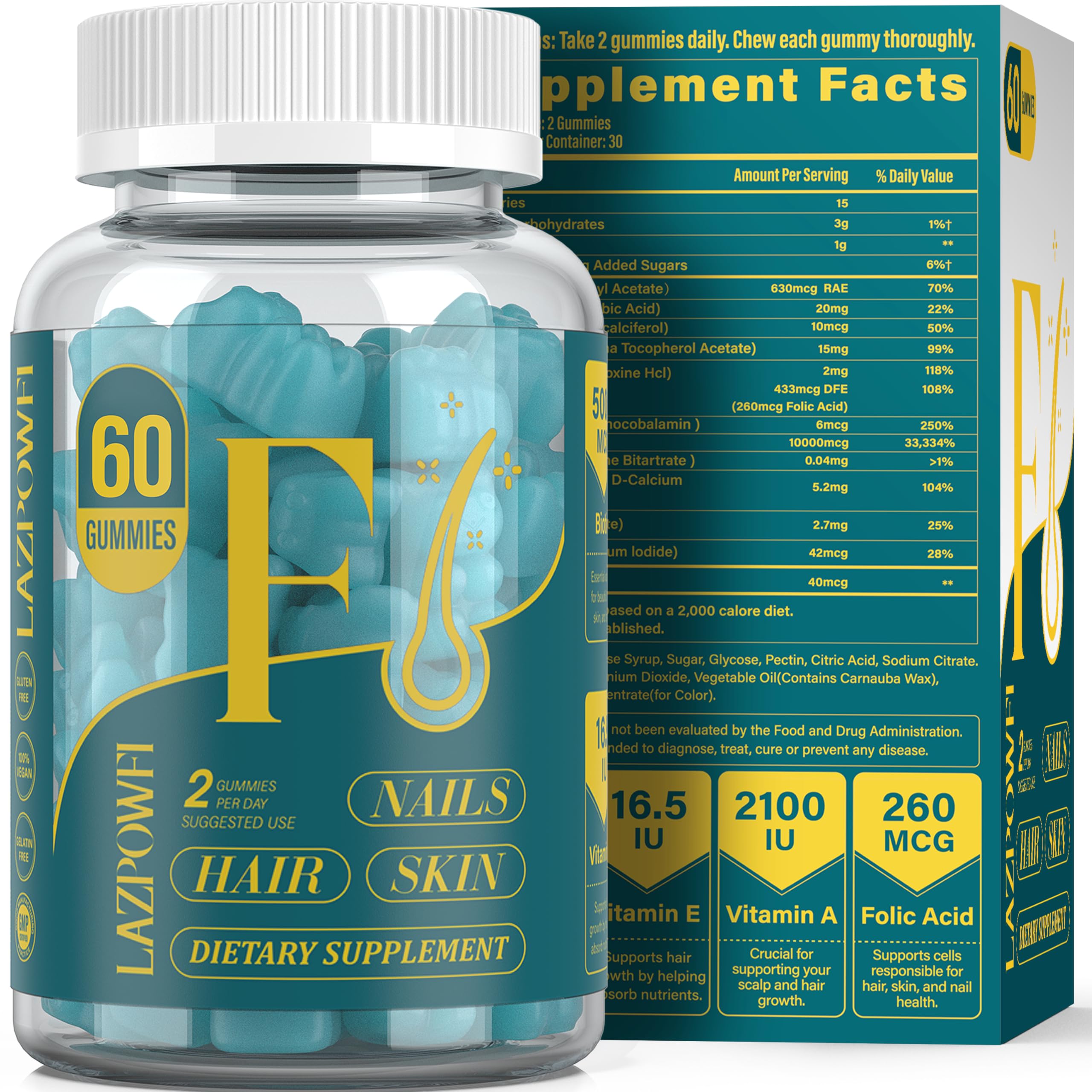 Lazpowfi Biotine Gommes: bouteille du complément pour cheveux et ongles sains.