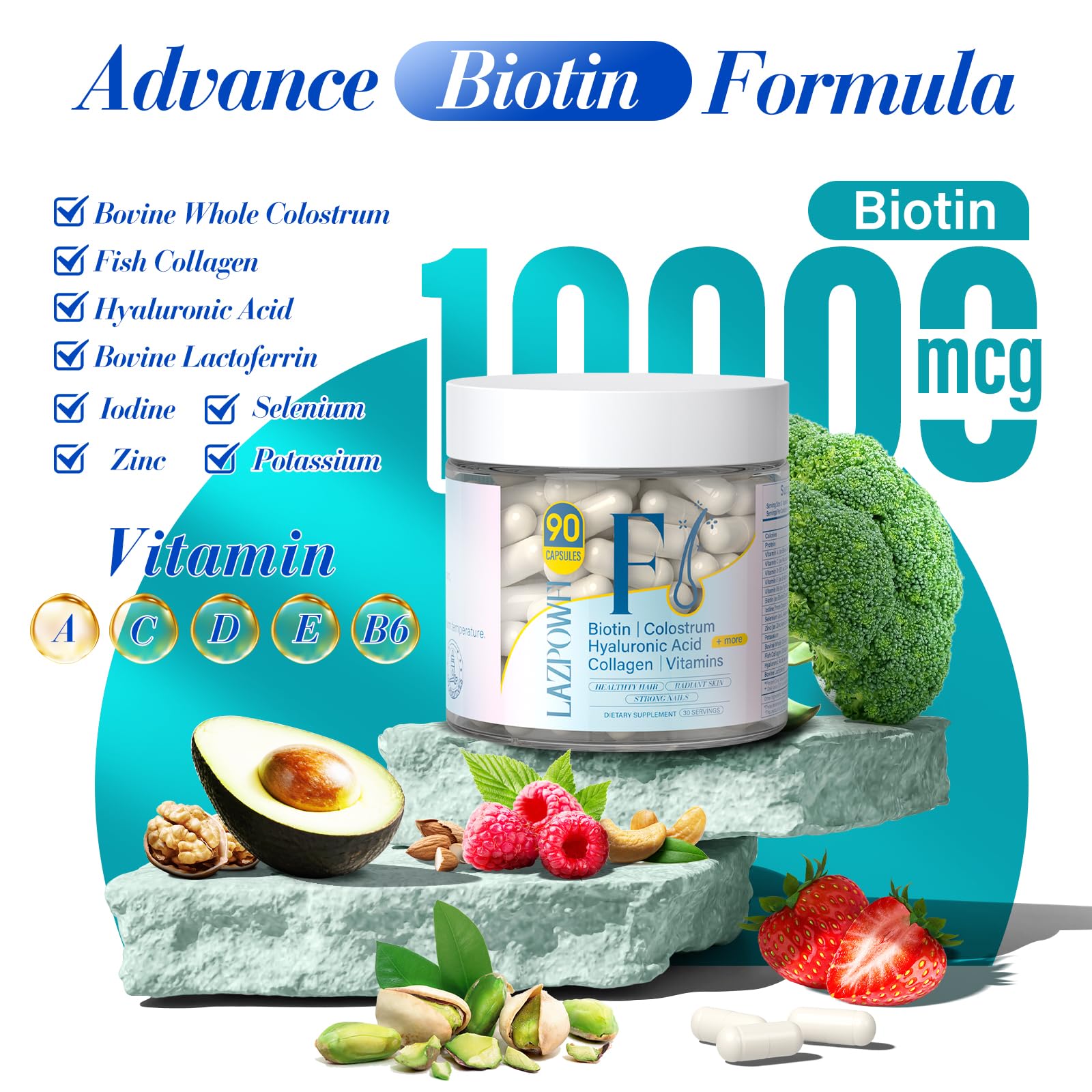 Capsules Lazpowfi à la biotine, contribue potentiellement à la fortification des cheveux.