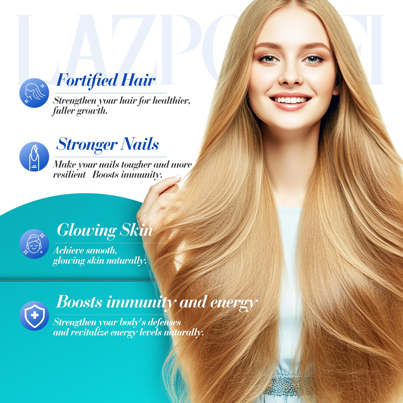 Complexe biotine-collagène Lazpowfi pour cheveux et peau éclatants.