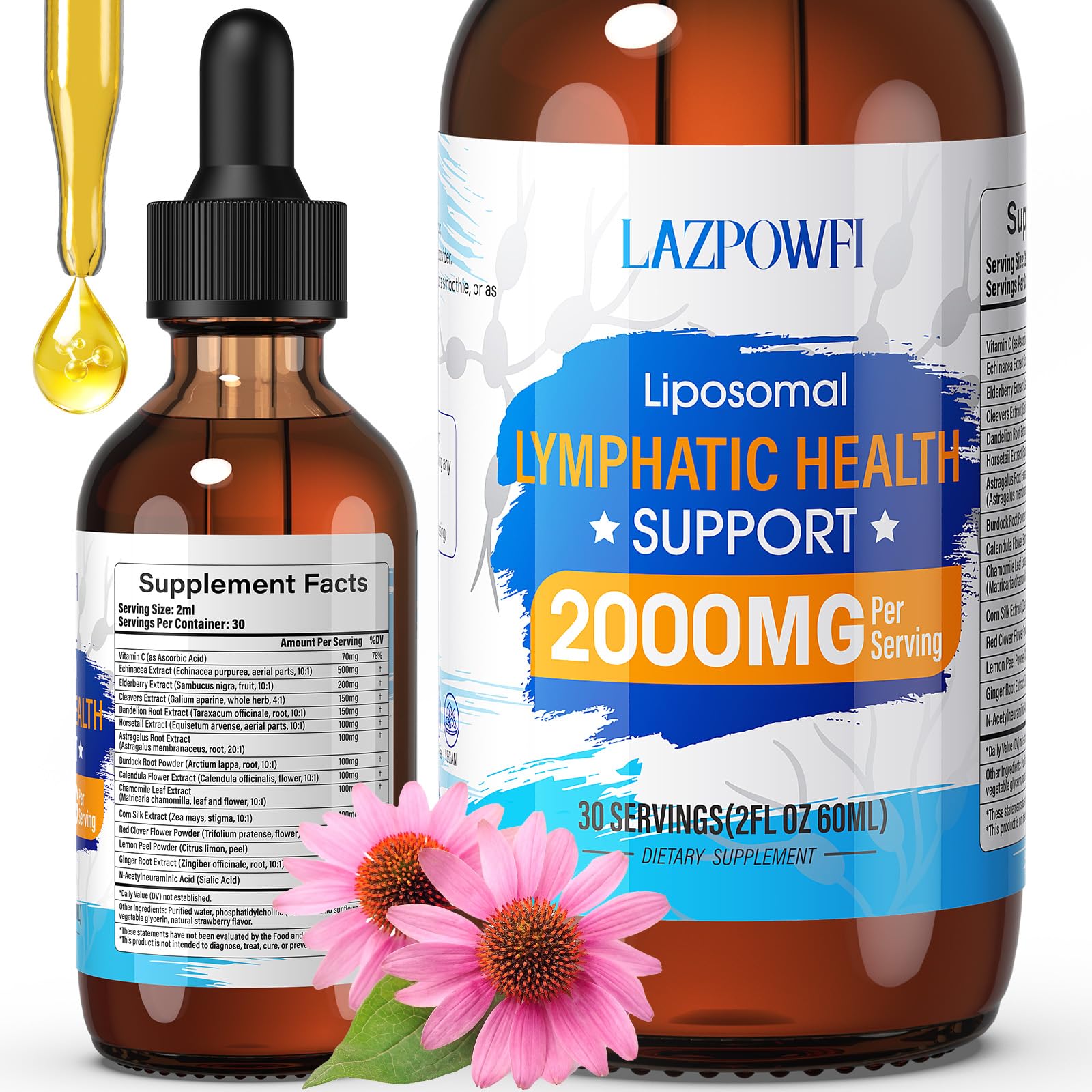 Lazpowfi flacon gouttes liposomales drainage lymphatique pour le bien-être quotidien.