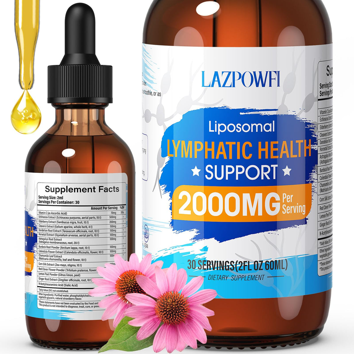 Lazpowfi flacon gouttes liposomales drainage lymphatique pour le bien-être quotidien.
