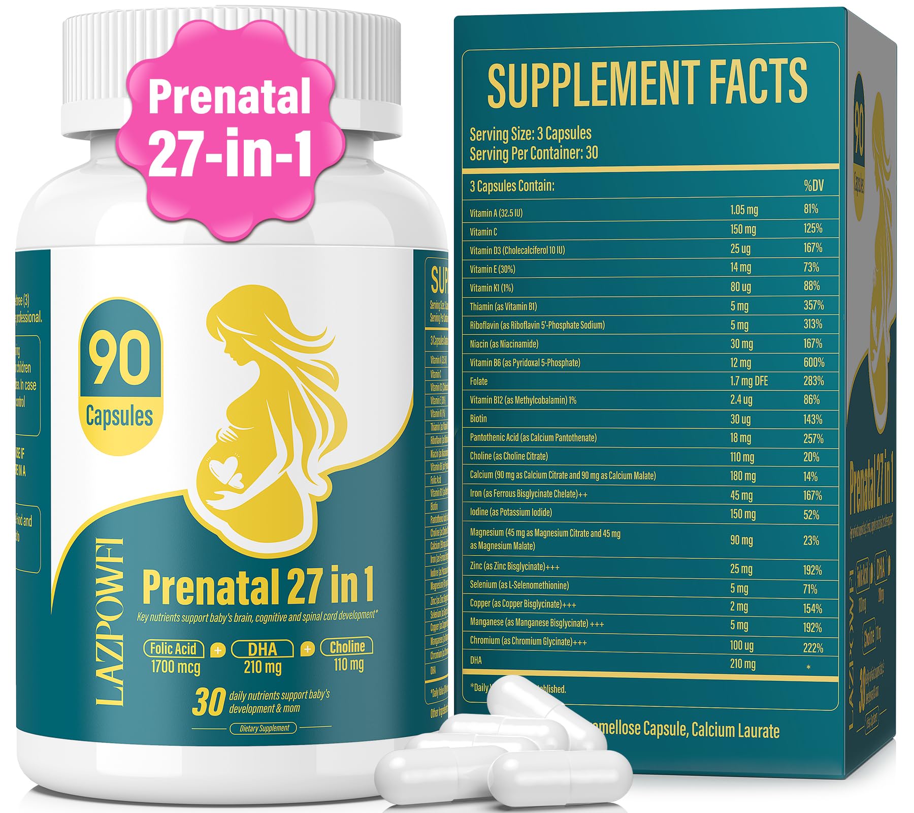 Lazpowfi Prenatal: bouteille de capsules pour un soutien quotidien pendant la grossesse.