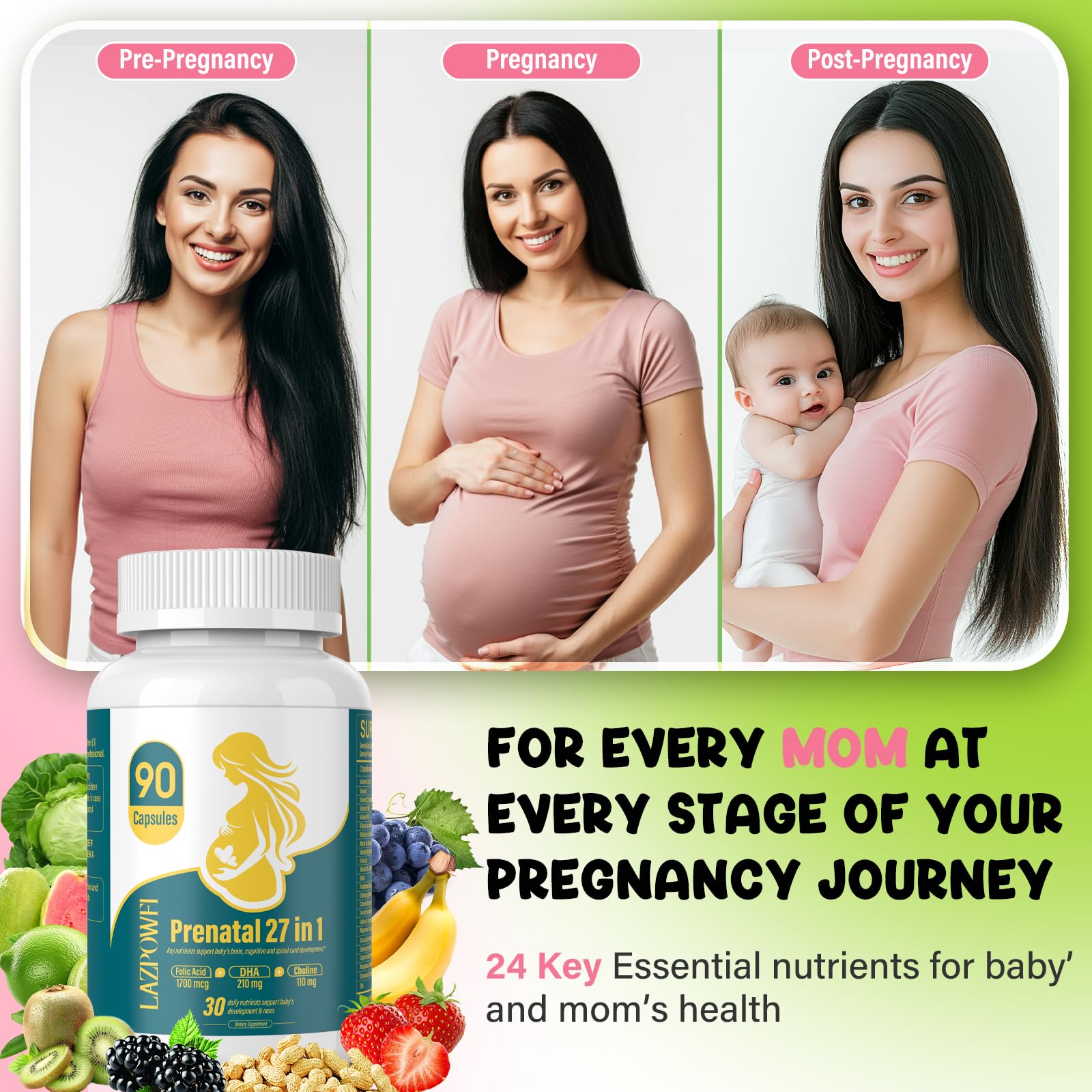 Lazpowfi Prenatal: tableau des ingrédients avec acide folique, DHA et choline.