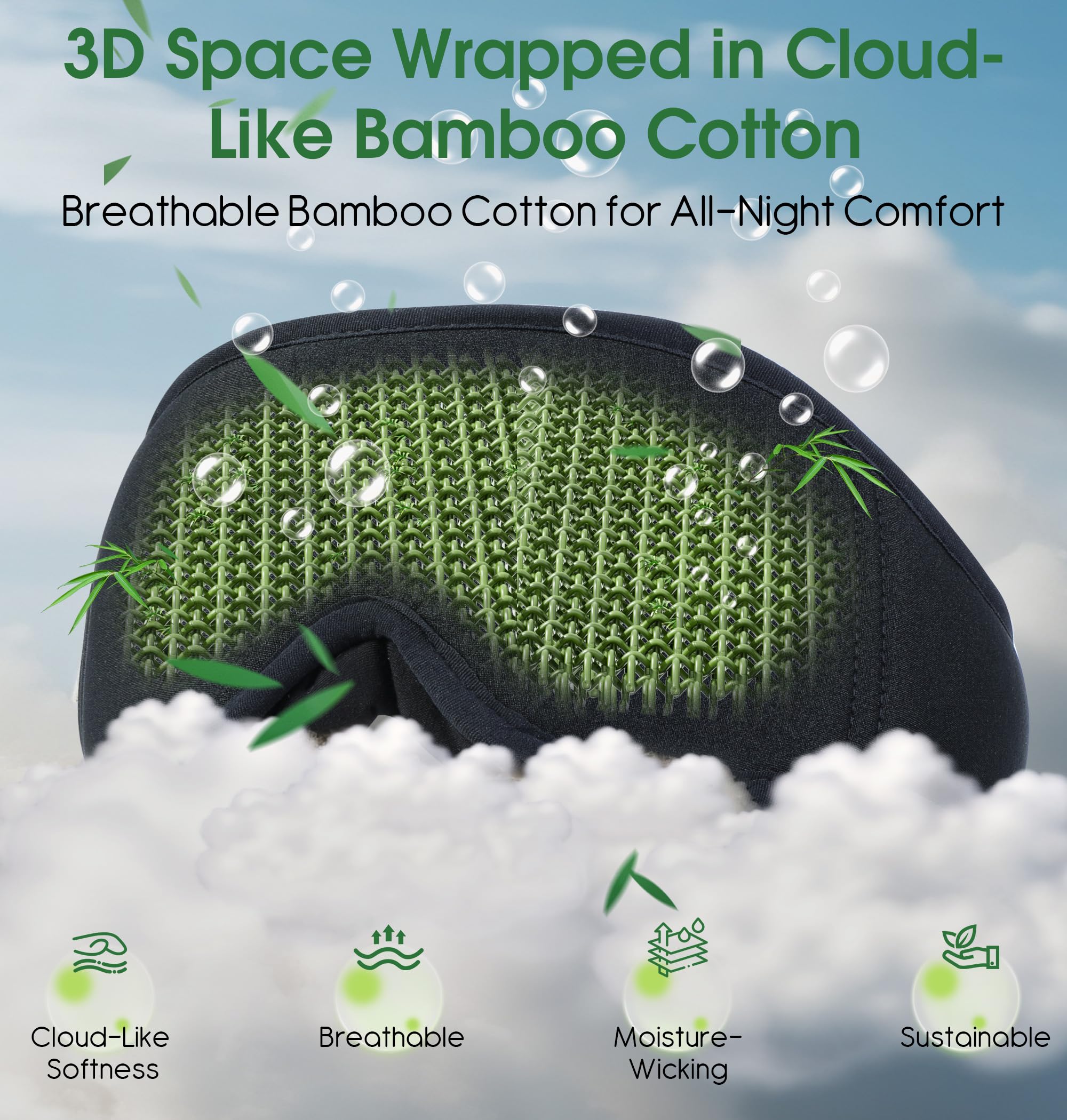 LC-dolida masque-sommeil bambou-coton noir, écouteurs Bluetooth intégrés pour musique sereine.