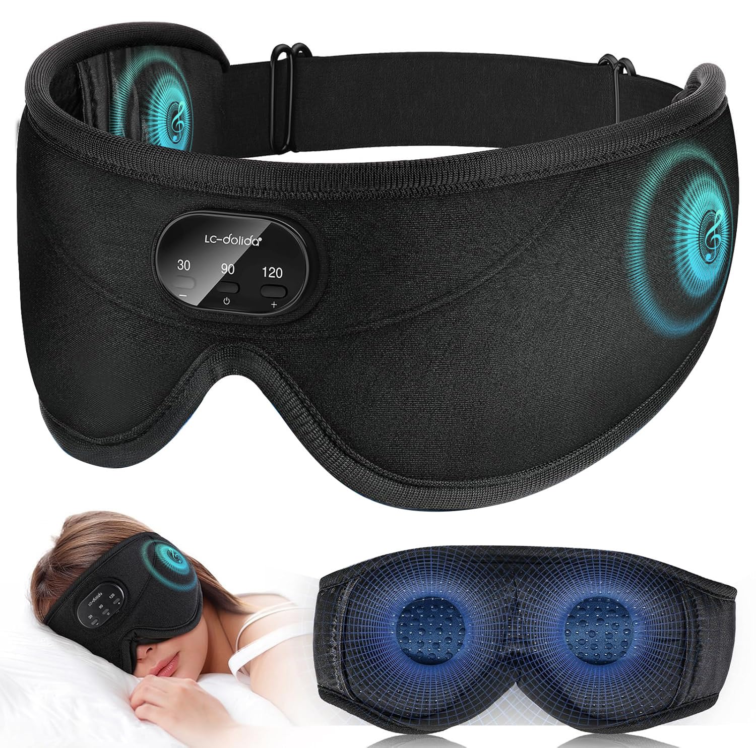 LC-dolida masque-sommeil blanc vue avant, bloque efficacement la lumière pour dormir plus calme.