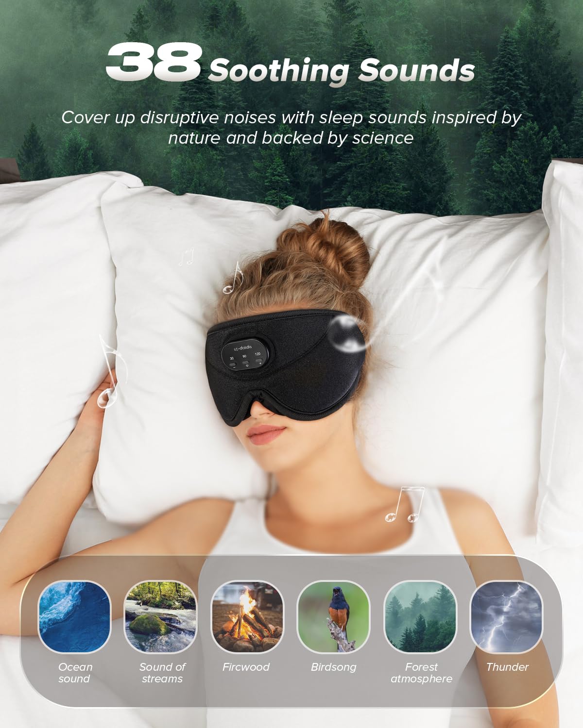 LC-dolida masque-sommeil blanc porté, écouteurs sans fil pour détente sonore.