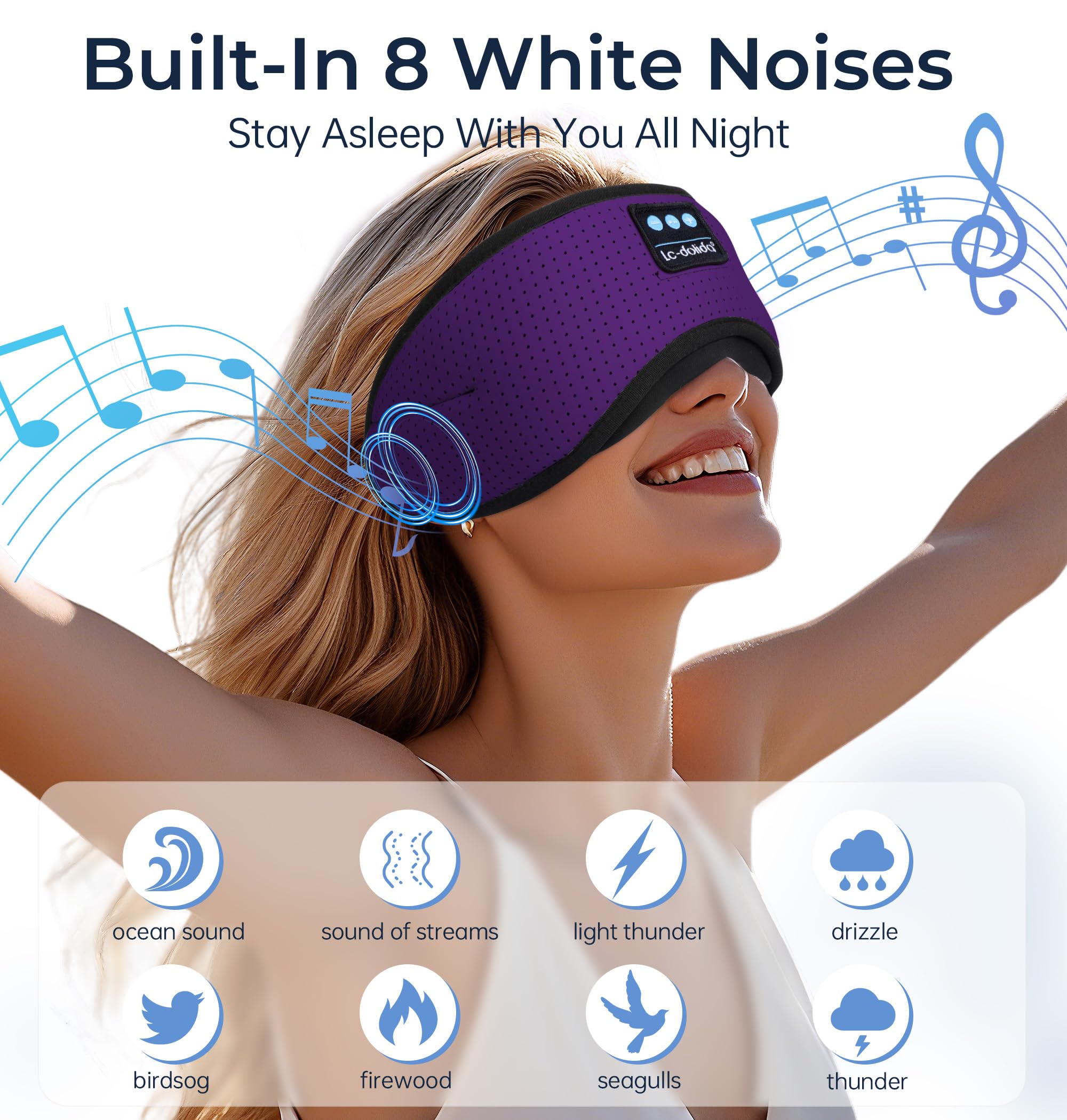  LC-dolida masque-sommeil bluetooth: vue face démontrant le design doux et ergonomique.