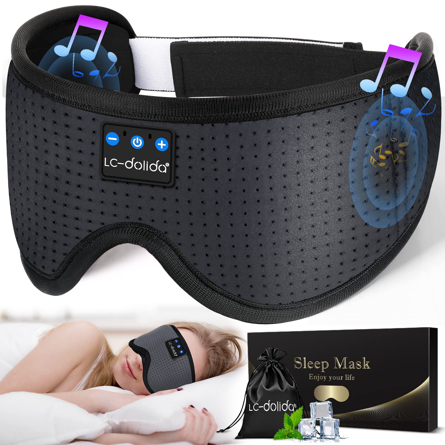 Masque-yeux LC-dolida avec oreillets Bluetooth pour écoute nocturne discrète.