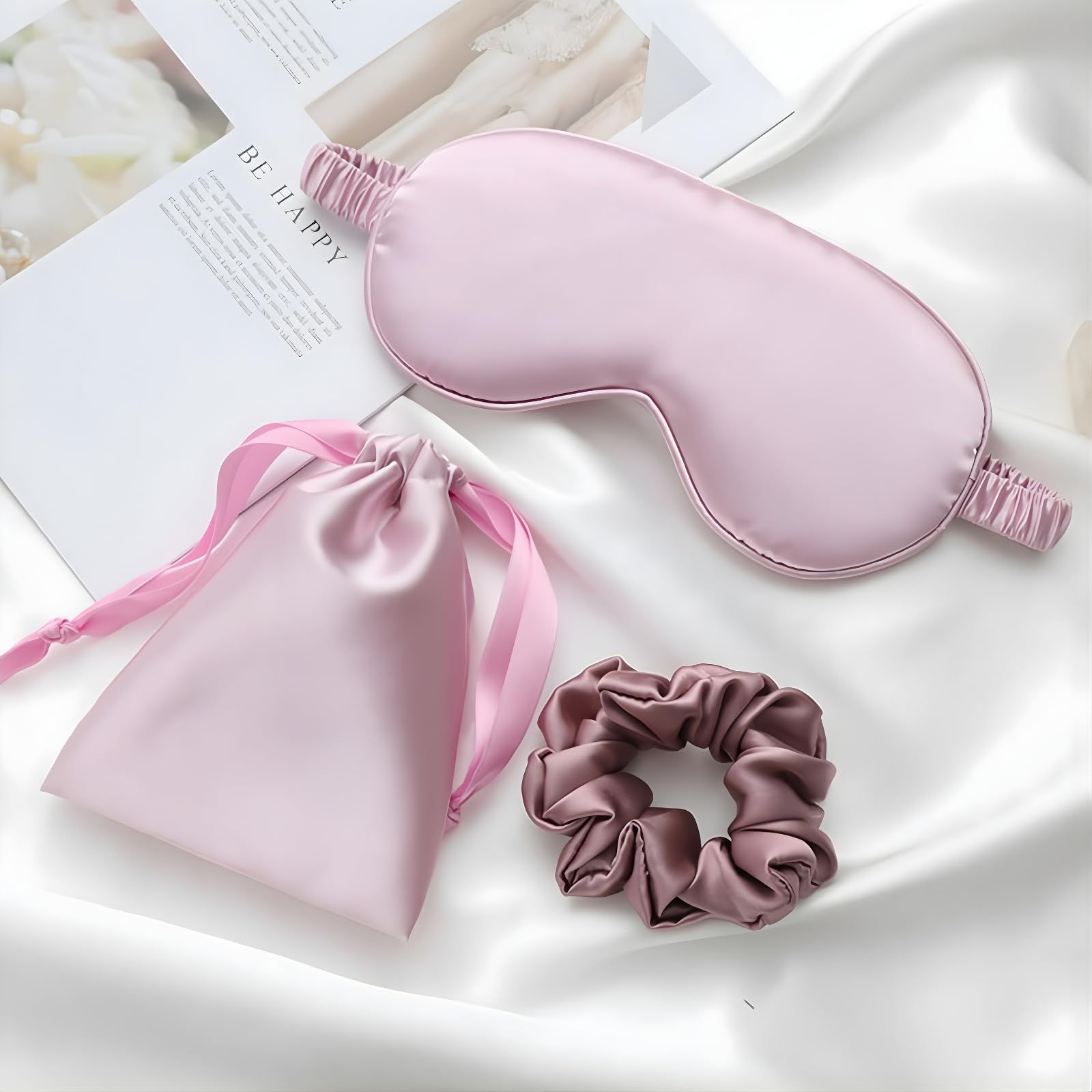 LCBD masque satin violet clair avec bande élastique légère pour les cheveux.