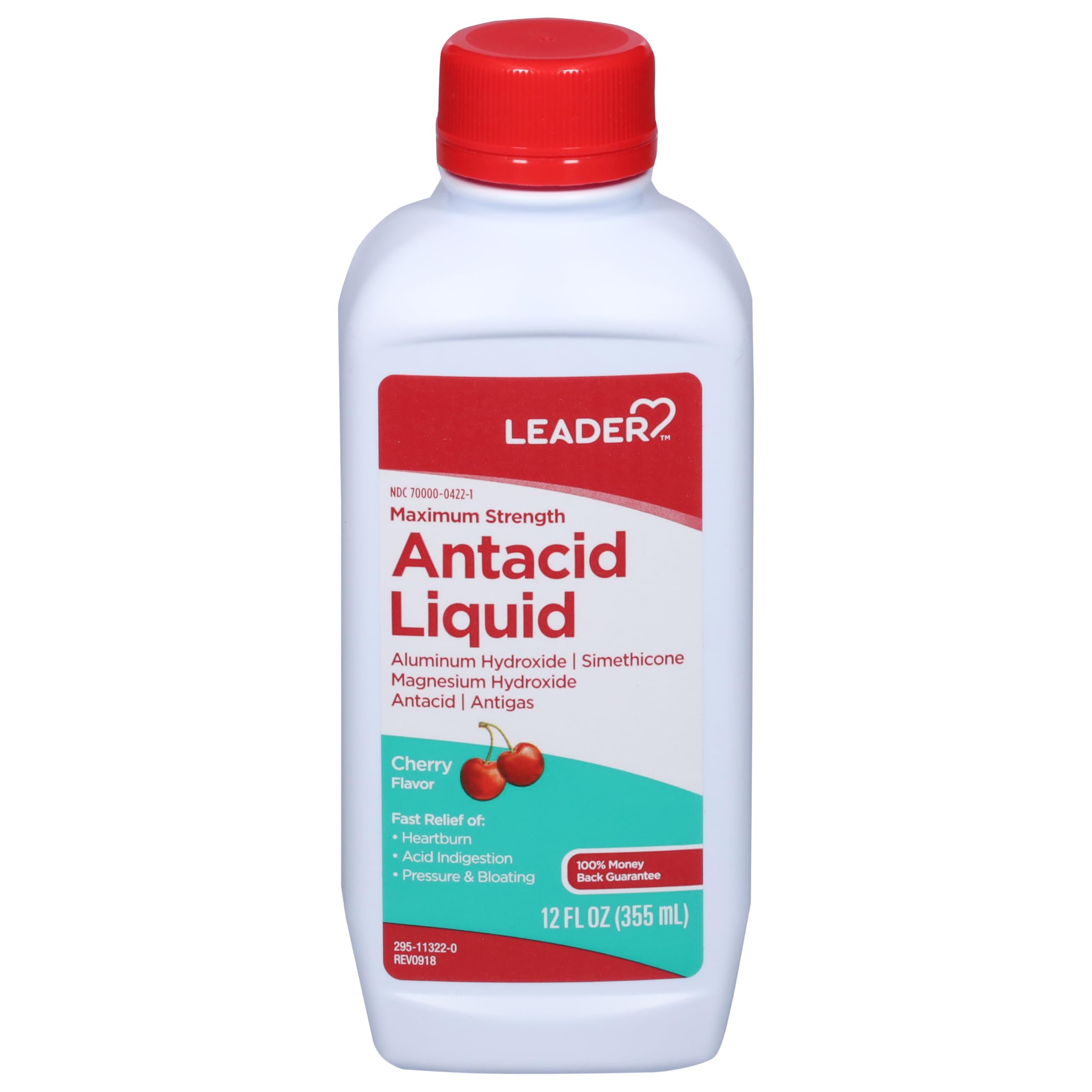 Leader antiacide bouteille cerise 355ml prête à l'emploi après les repas.
