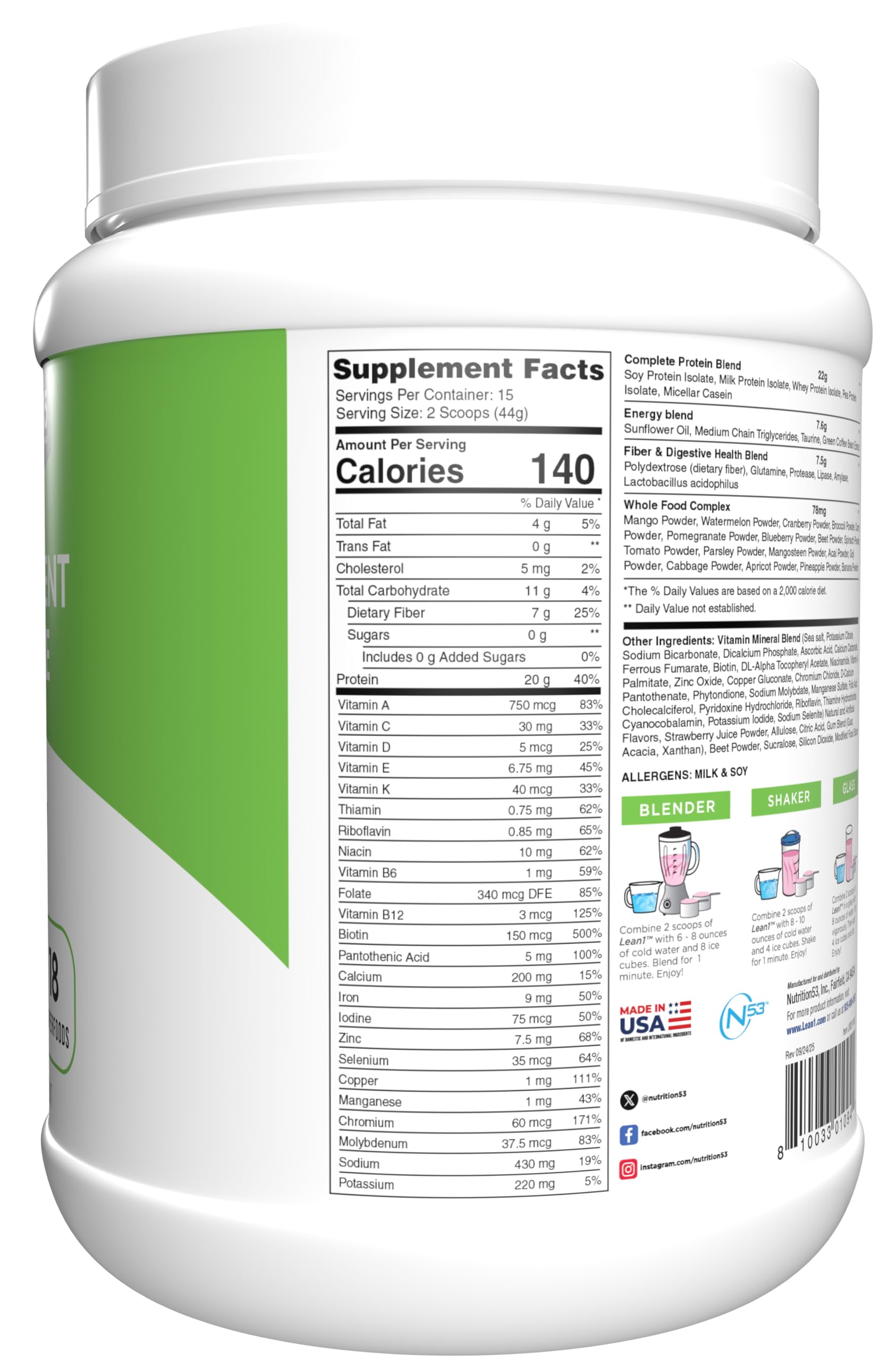 Lean1 poudre protéine fraise – texture crémeuse pour un shake rapide.