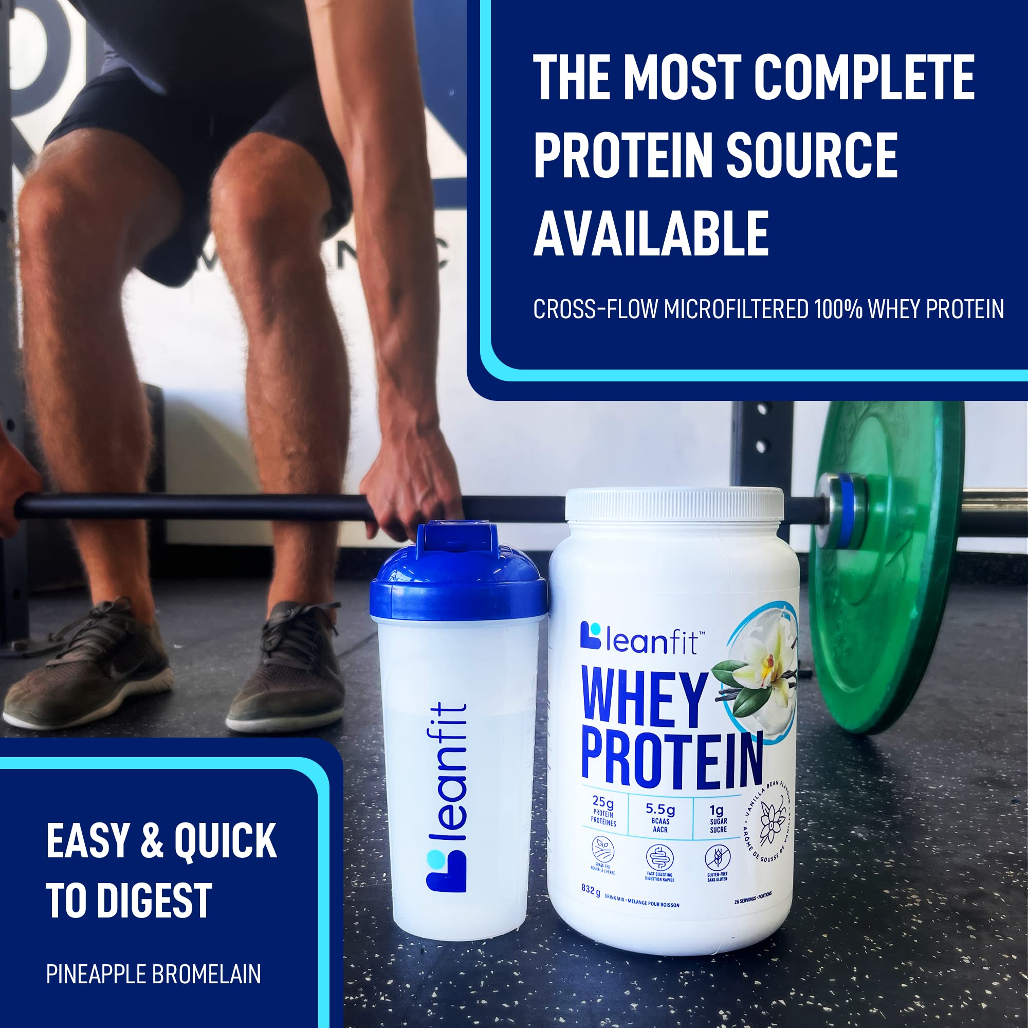 LeanFit WHEY Vanille, emballage refermable pour 23 portions pratiques.