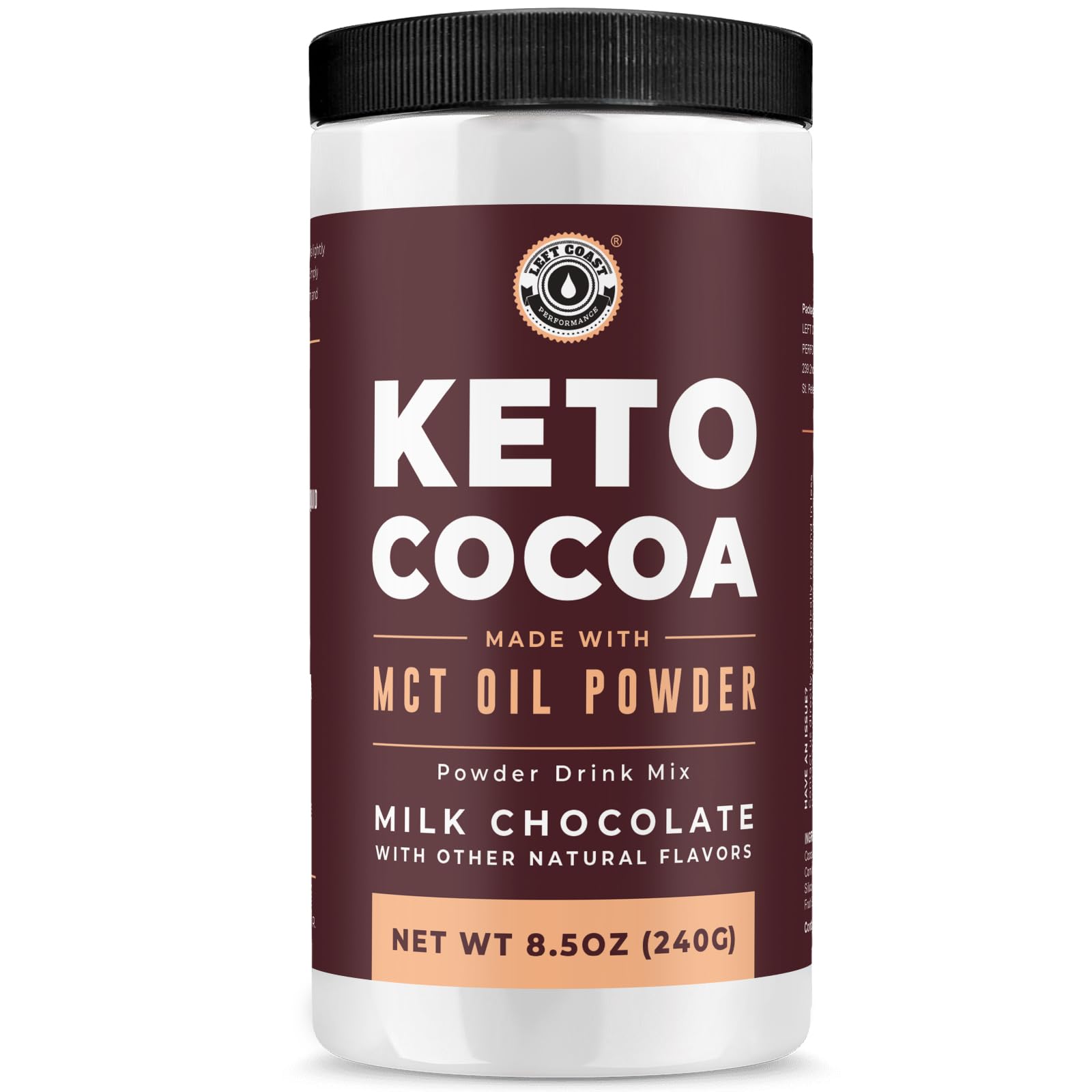Left Coast Performance Keto Cocoa, poudre chocolat chaud crémeux et faible en glucides, idéal pour gourmands sans sucre