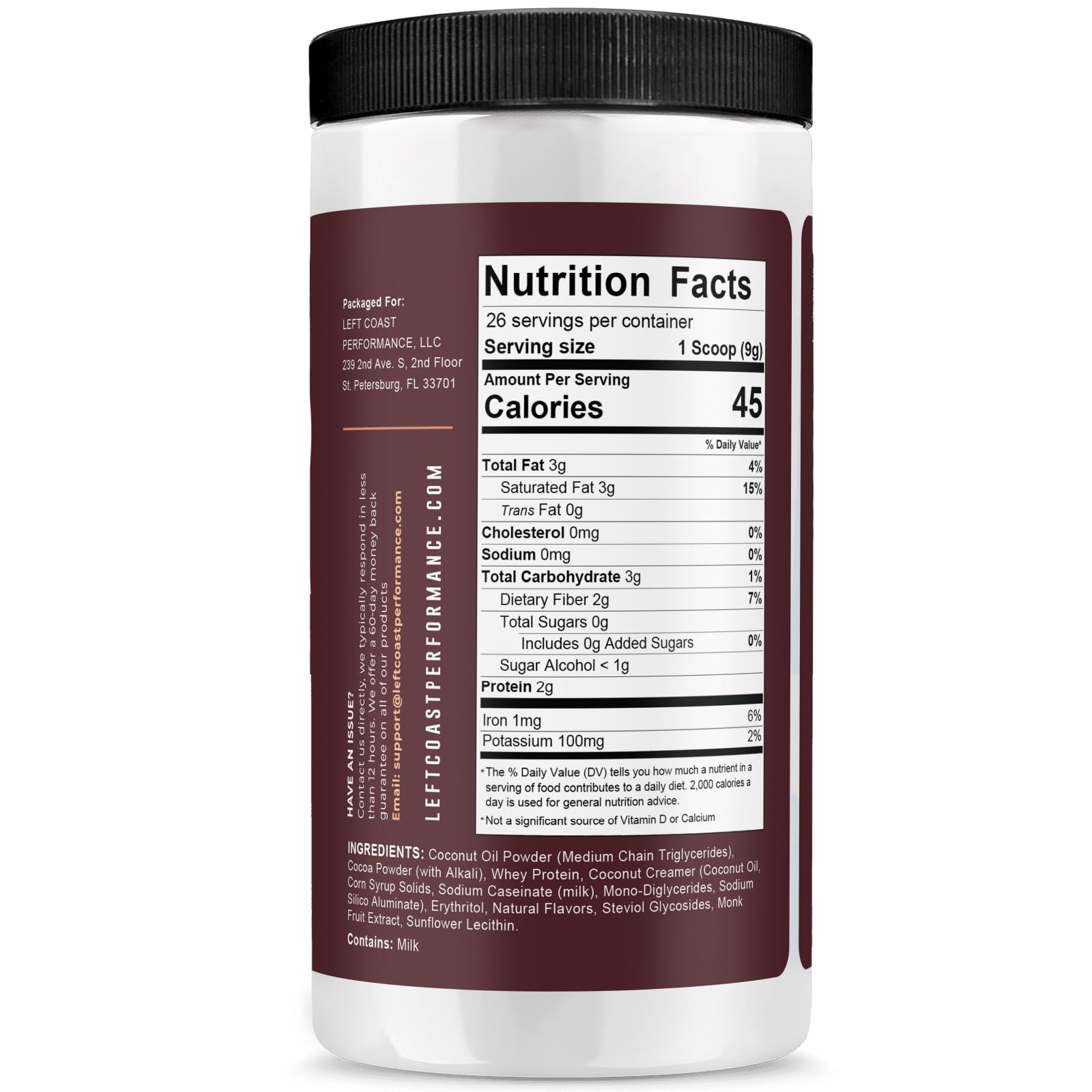 Left Coast Performance Keto Cocoa, poudre MCT pour café matinal riche et faible en glucides