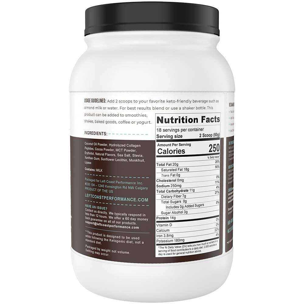 Left Coast Performance Keto Shake Chocolat, poudre fine, idéale pour préparer un shake après l’entraînement.