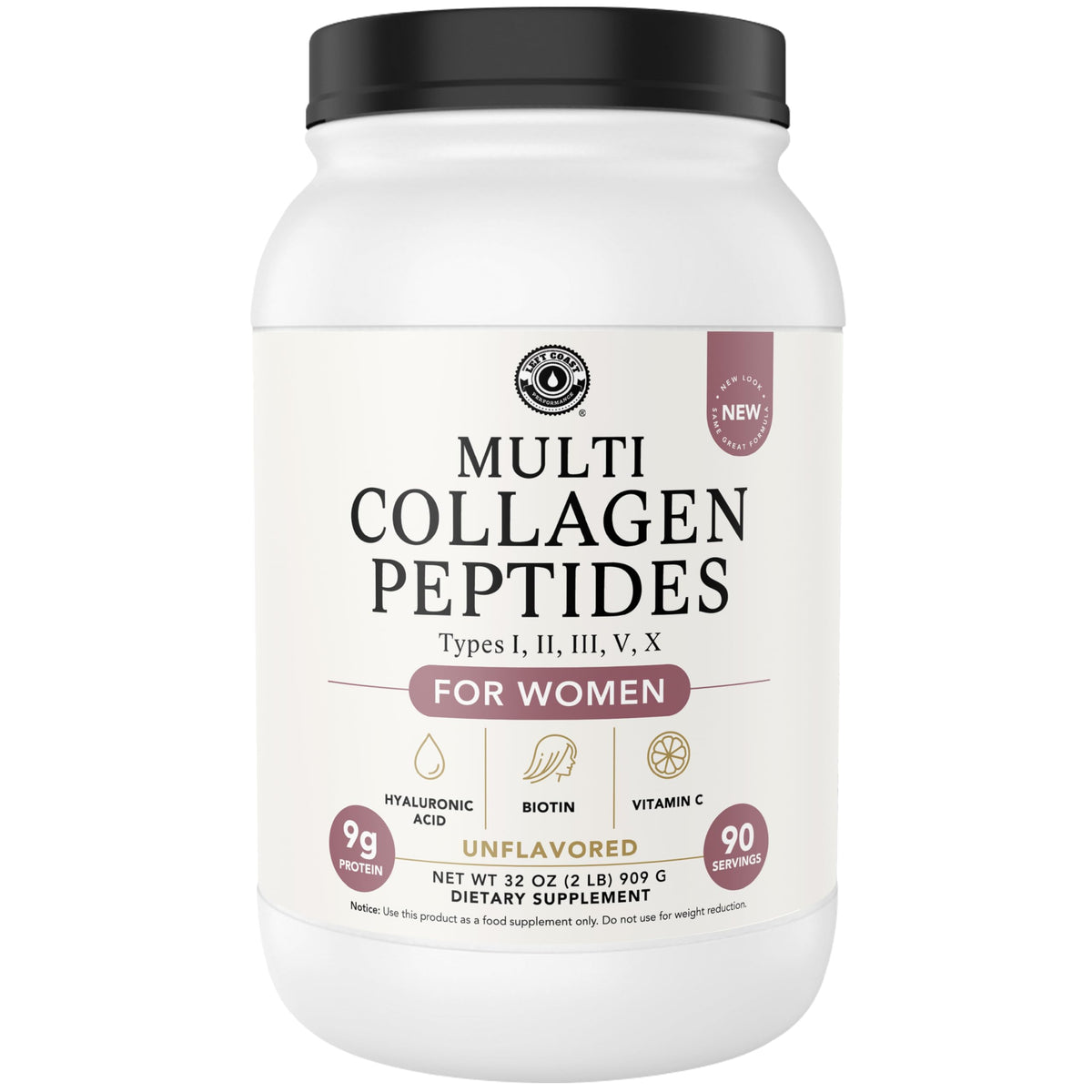 Left Coast Performance Multi-Collagen Poudre Bouteille 32oz: soutien potentiel peau et cheveux.