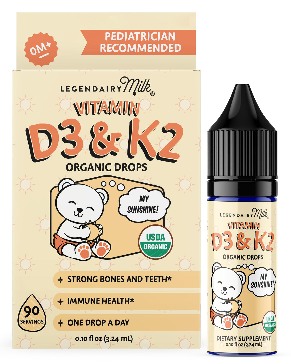 Gouttes Legendairy Milk D3 K2 pour bébé dans la bouteille, préparation simple.