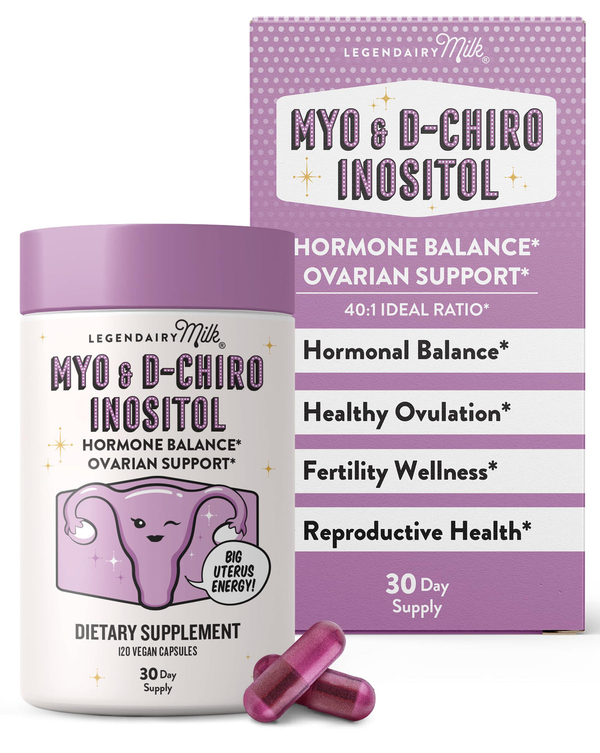Legendairy Milk Inositol capsules violettes — soutien potentiel du cycle féminin.