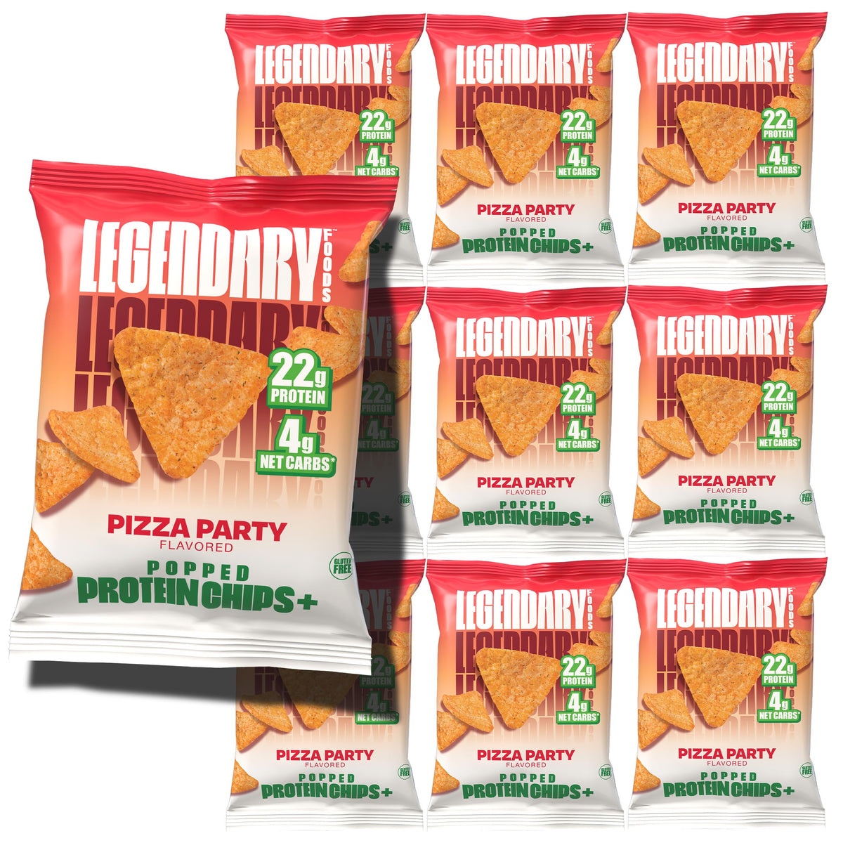 Chips protéinées Legendary Foods Pizza Party dans l'emballage, pratique pour le trajet.