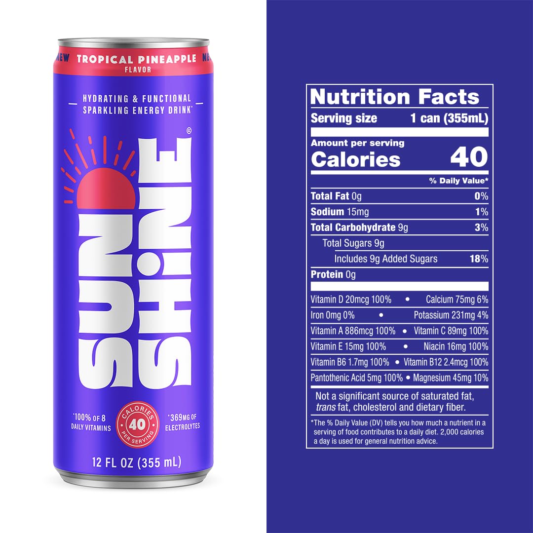 Legendary Sunshine, canette énergie pétillante ananas, hydratation et énergie légère.