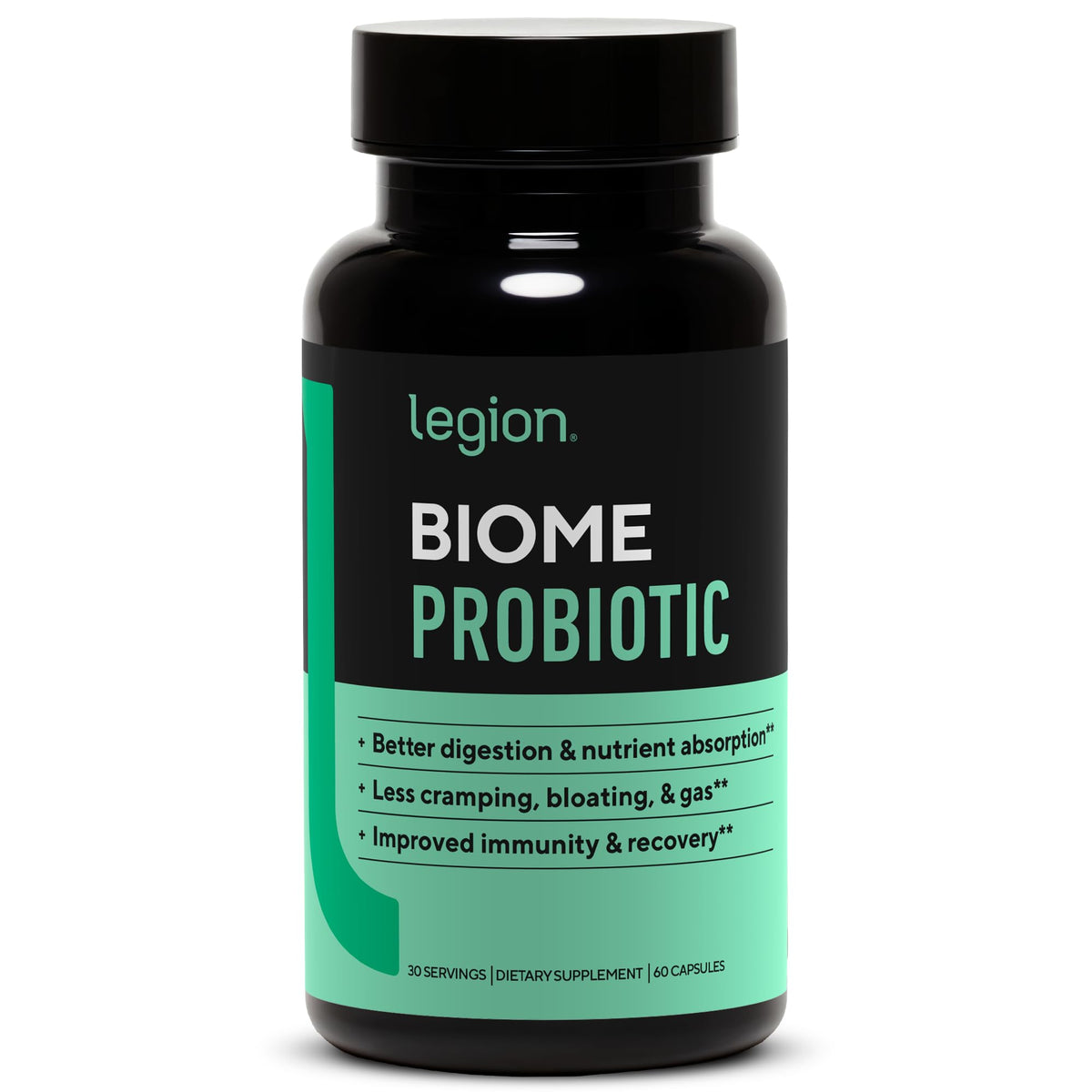 LEGION Biome Probiotic – Bouteille, soutien potentiel pour un ventre plus confortable.