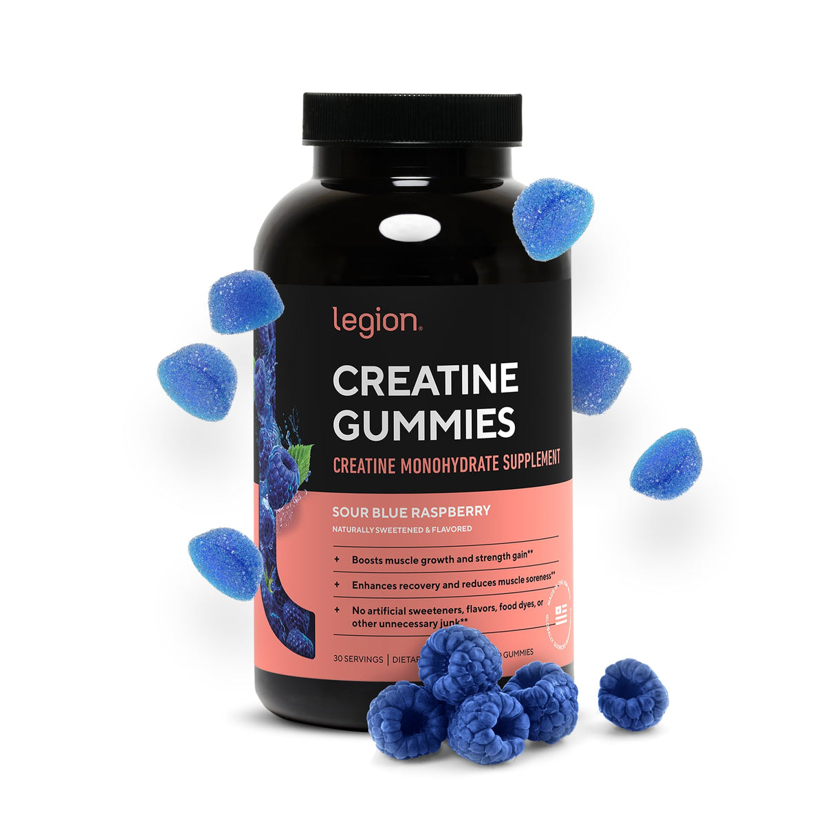 LEGION Creatine Monohydrate Gummies – emballage pratique pour usage quotidien.