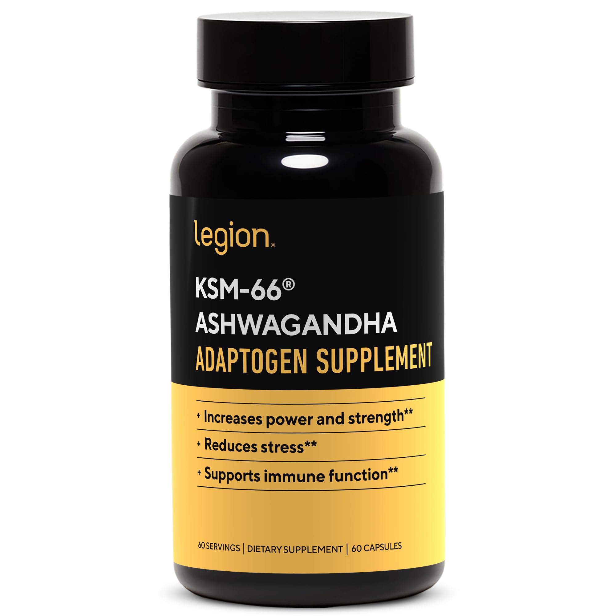 LEGION KSM-66 Ashwagandha extrait – bouteille visible, soutien potentiel humeur et sommeil.