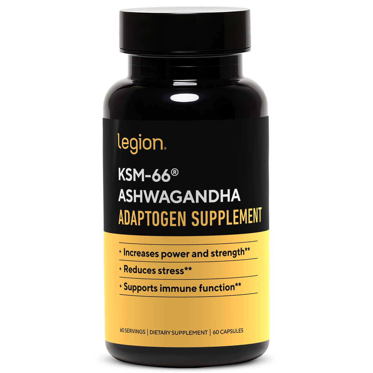 LEGION KSM-66 Ashwagandha extrait – bouteille visible, soutien potentiel humeur et sommeil.