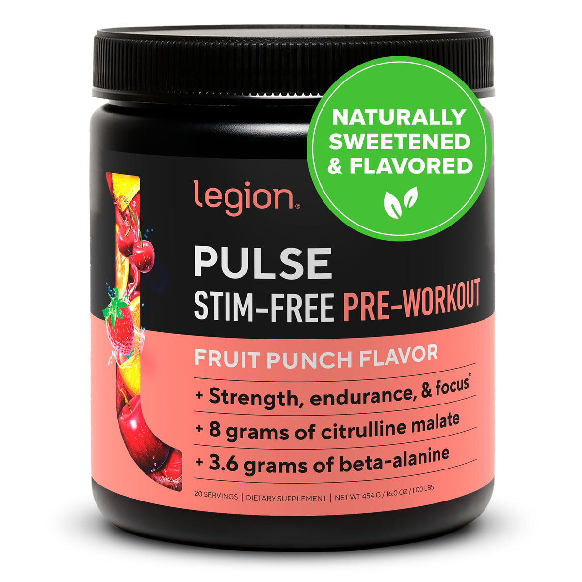 Poudre LEGION Pulse dans une préparation préentraînement, énergie soutenue sans caféine.